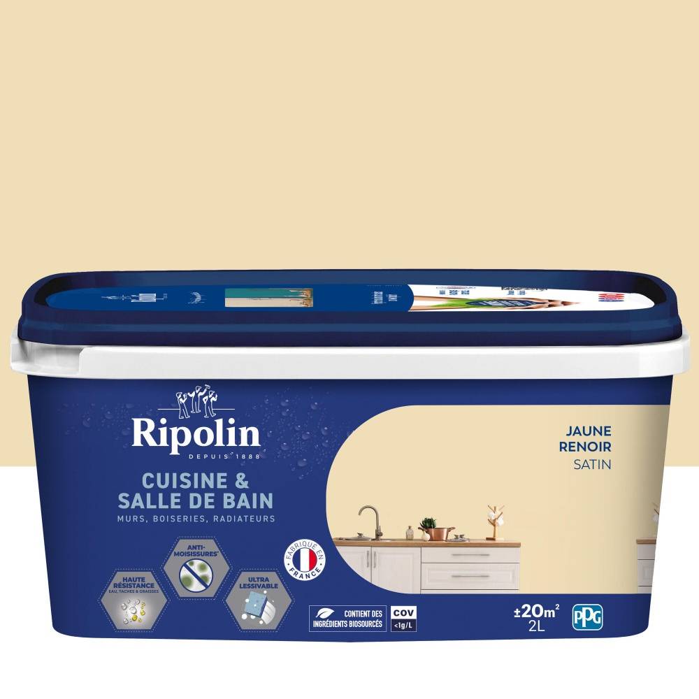Ripolin - Peinture mur, RIPOLIN cuisine et bain, 2 litres, jaune renoir satin