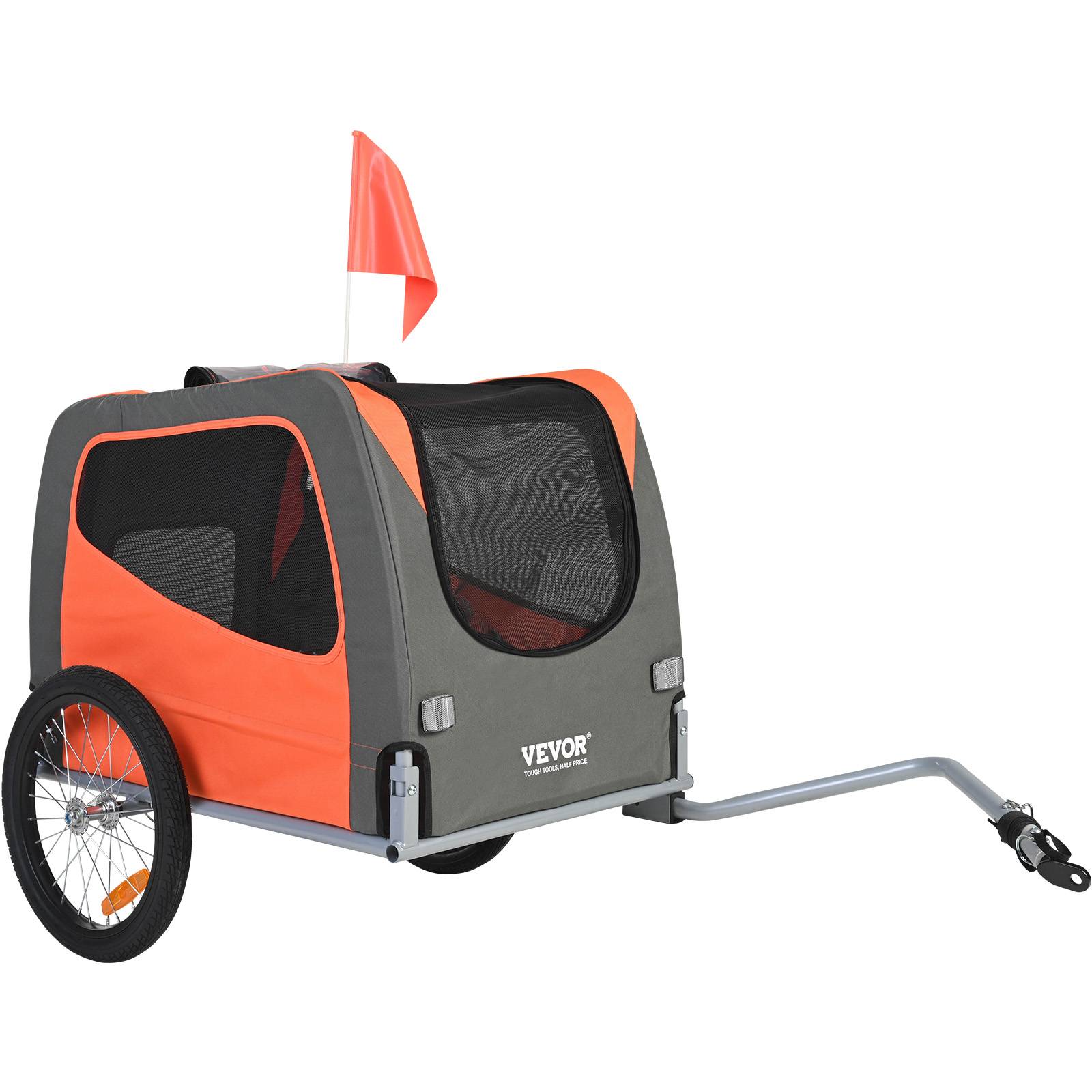 Remorque vélo chien pliable, charge 30 kg, roues dégagement rapide. Orange/gris.