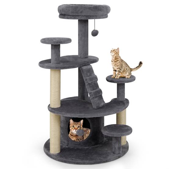 Arbre à Chat XXL 101CM, 2 Poteaux à Griffer en Sisal, 7 Plateforme, Condo, Échelle d'Escalade, 2 Pompons Suspendu, pour Chats Âgés/Nains, Gris