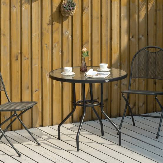 ComfortXL - Table de jardin ronde métal plateau en verre trempé avec trou pour parasol noir - ComfortXL Outdoor Living - Image 4