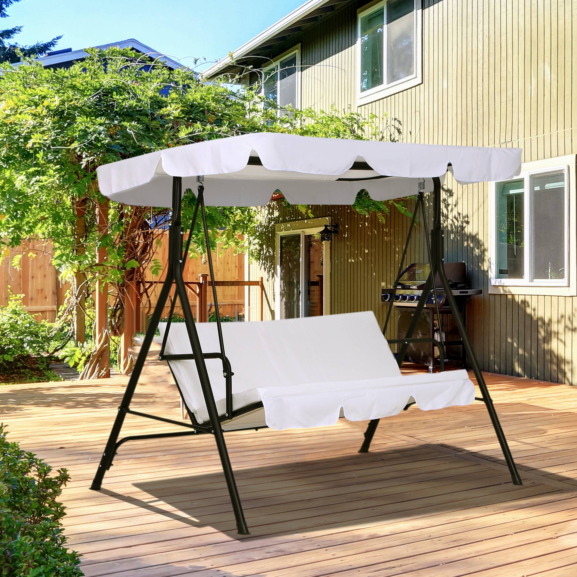 Outsunny - Balancelle de jardin 3 places toit inclinaison réglable coussins assise et dossier 1,72L x 1,1l x 1,52H m acier noir polyester blanc - Outsunny - Imagen 2
