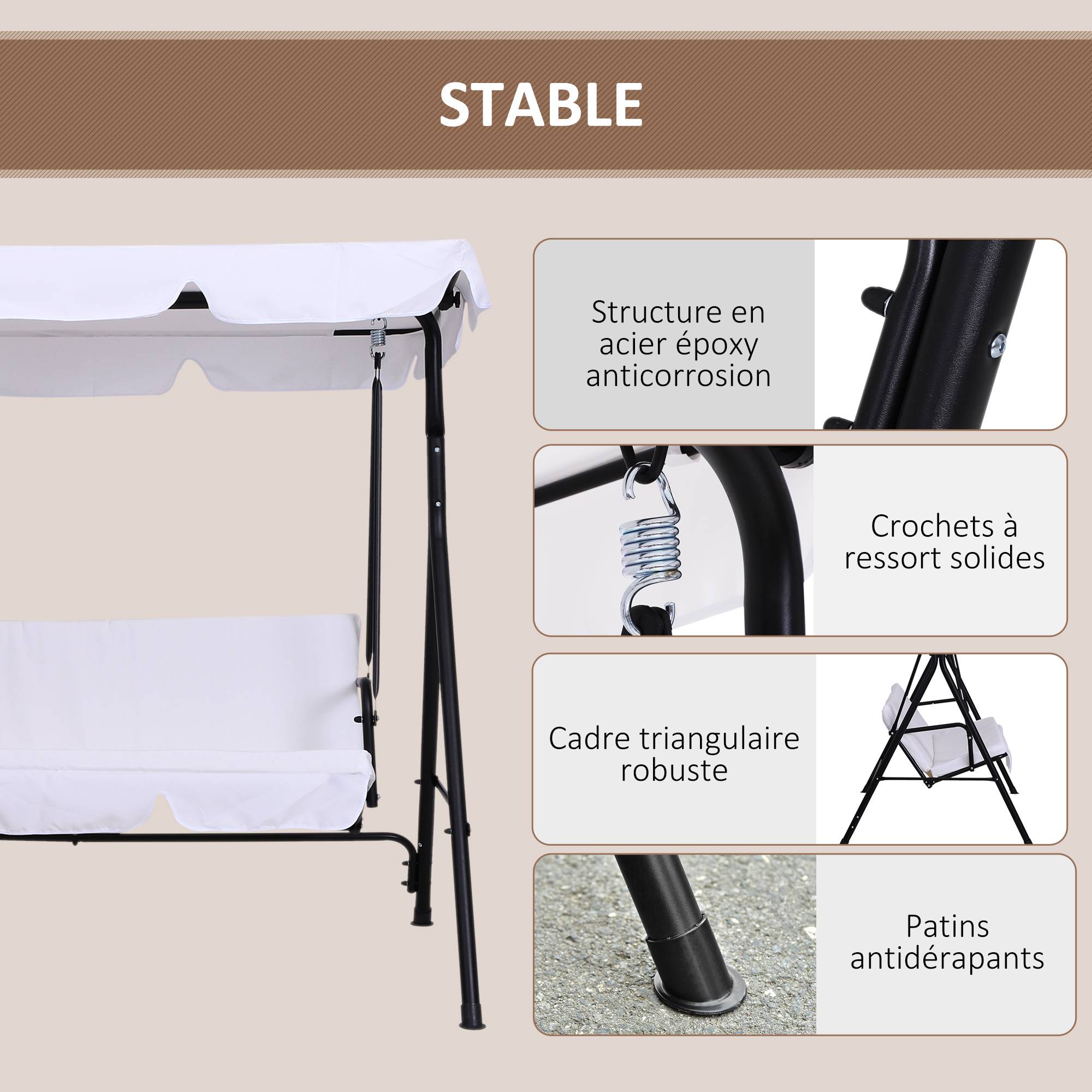 Outsunny - Balancelle de jardin 3 places toit inclinaison réglable coussins assise et dossier 1,72L x 1,1l x 1,52H m acier noir polyester blanc - Outsunny - Imagen 5