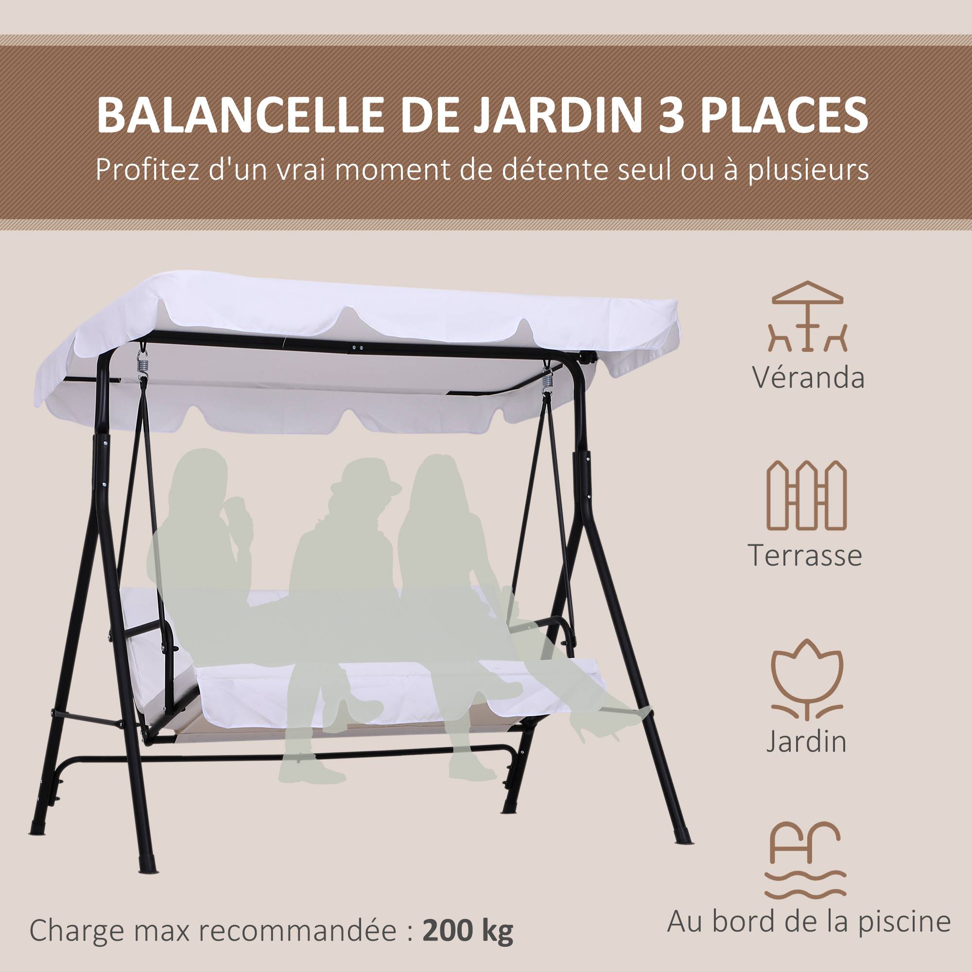Outsunny - Balancelle de jardin 3 places toit inclinaison réglable coussins assise et dossier 1,72L x 1,1l x 1,52H m acier noir polyester blanc - Outsunny - Imagen 7