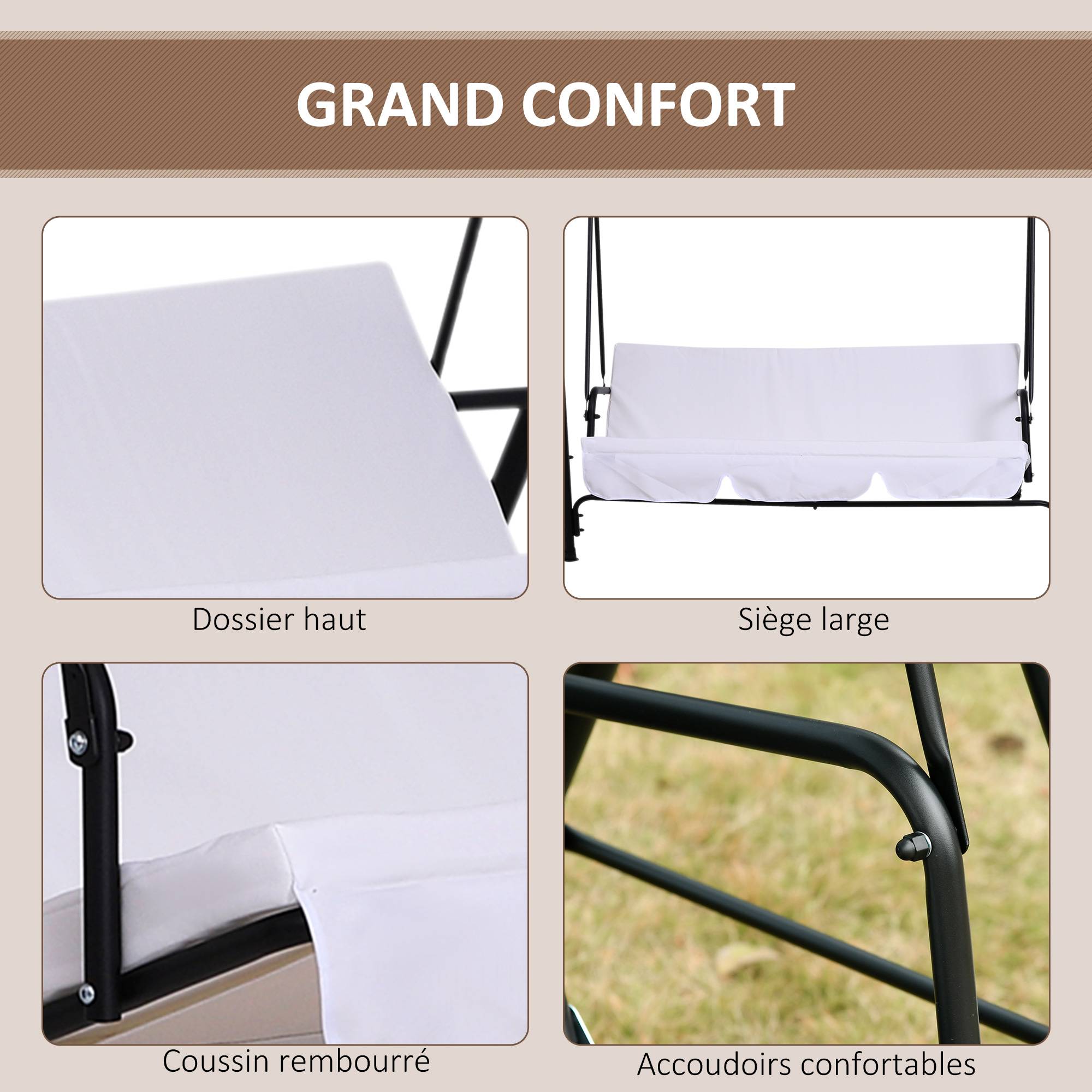 Outsunny - Balancelle de jardin 3 places toit inclinaison réglable coussins assise et dossier 1,72L x 1,1l x 1,52H m acier noir polyester blanc - Outsunny - Imagen 6