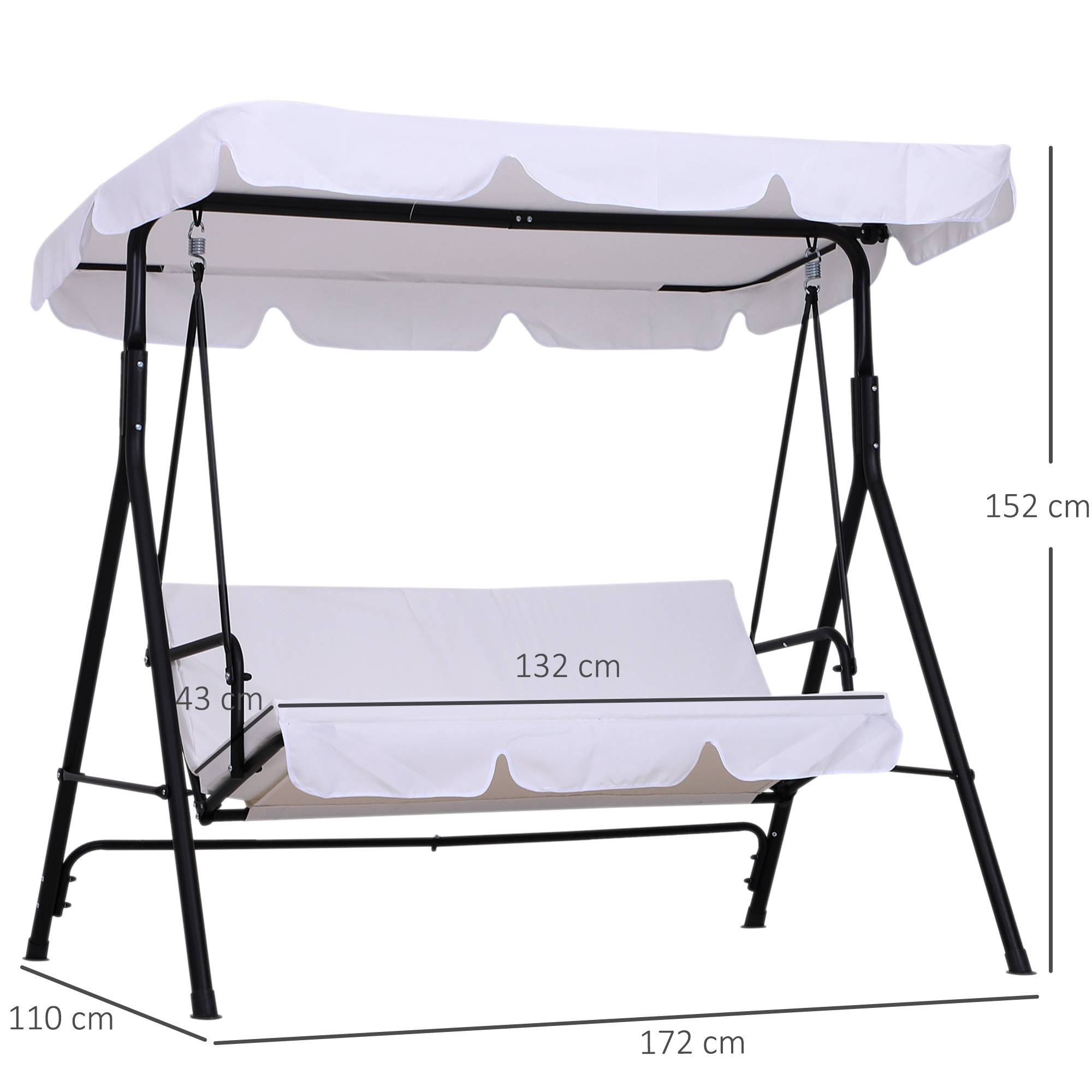 Outsunny - Balancelle de jardin 3 places toit inclinaison réglable coussins assise et dossier 1,72L x 1,1l x 1,52H m acier noir polyester blanc - Outsunny - Imagen 3