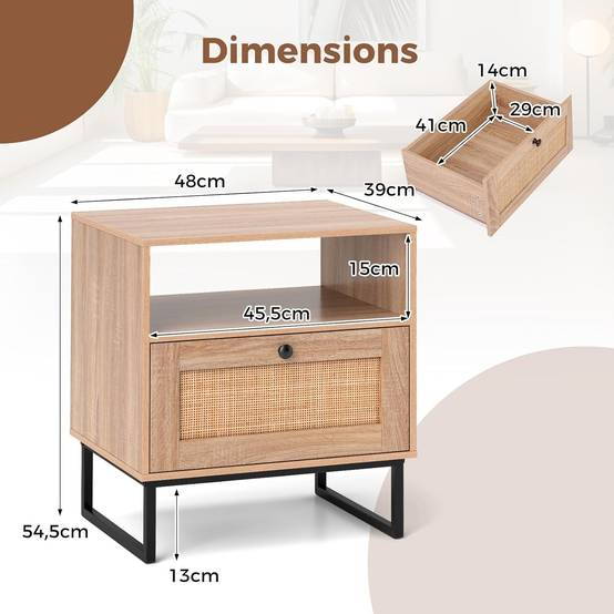 Table de Chevet Bois, Table de Nuit Rotin avec Tiroir, Pieds en Métal, Design Cannage, Compartiment, Style Bohème - Image 3