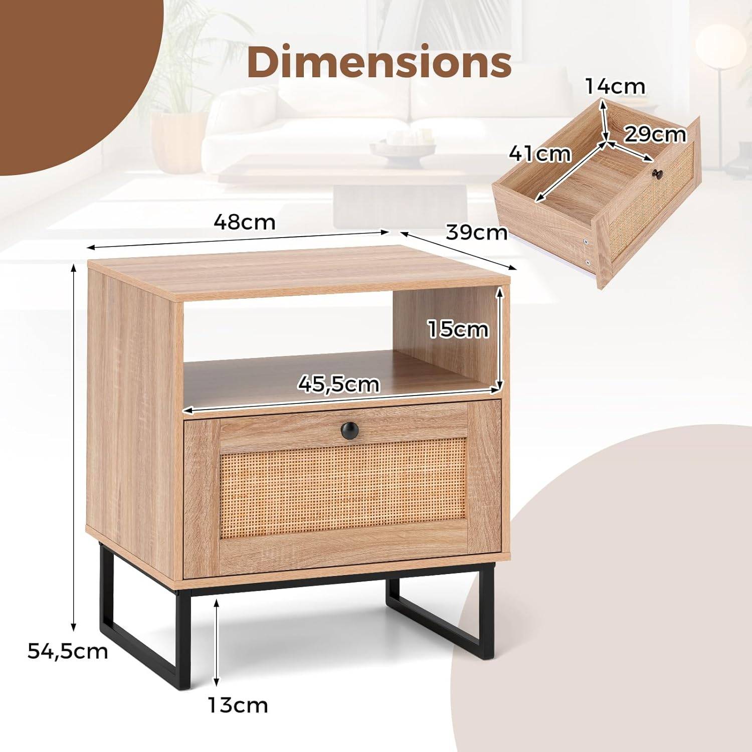 Table de Chevet Bois, Table de Nuit Rotin avec Tiroir, Pieds en Métal, Design Cannage, Compartiment, Style Bohème - Image 3