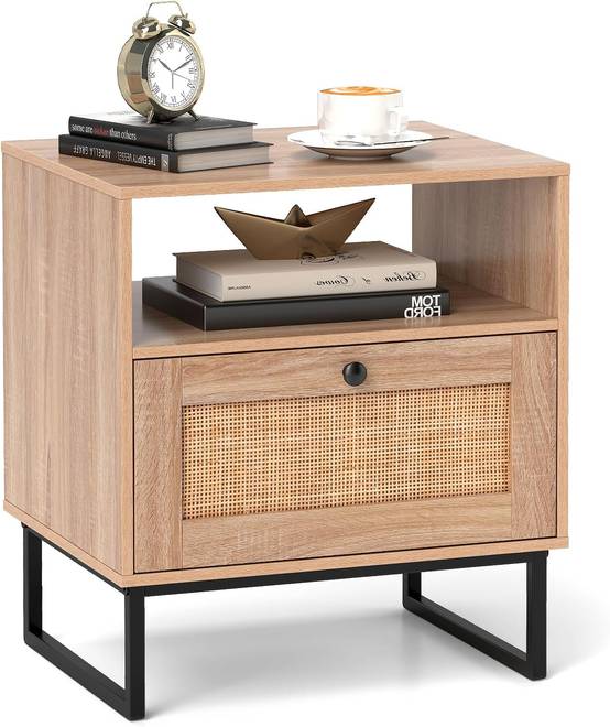 Table de Chevet Bois, Table de Nuit Rotin avec Tiroir, Pieds en Métal, Design Cannage, Compartiment, Style Bohème - Image 1