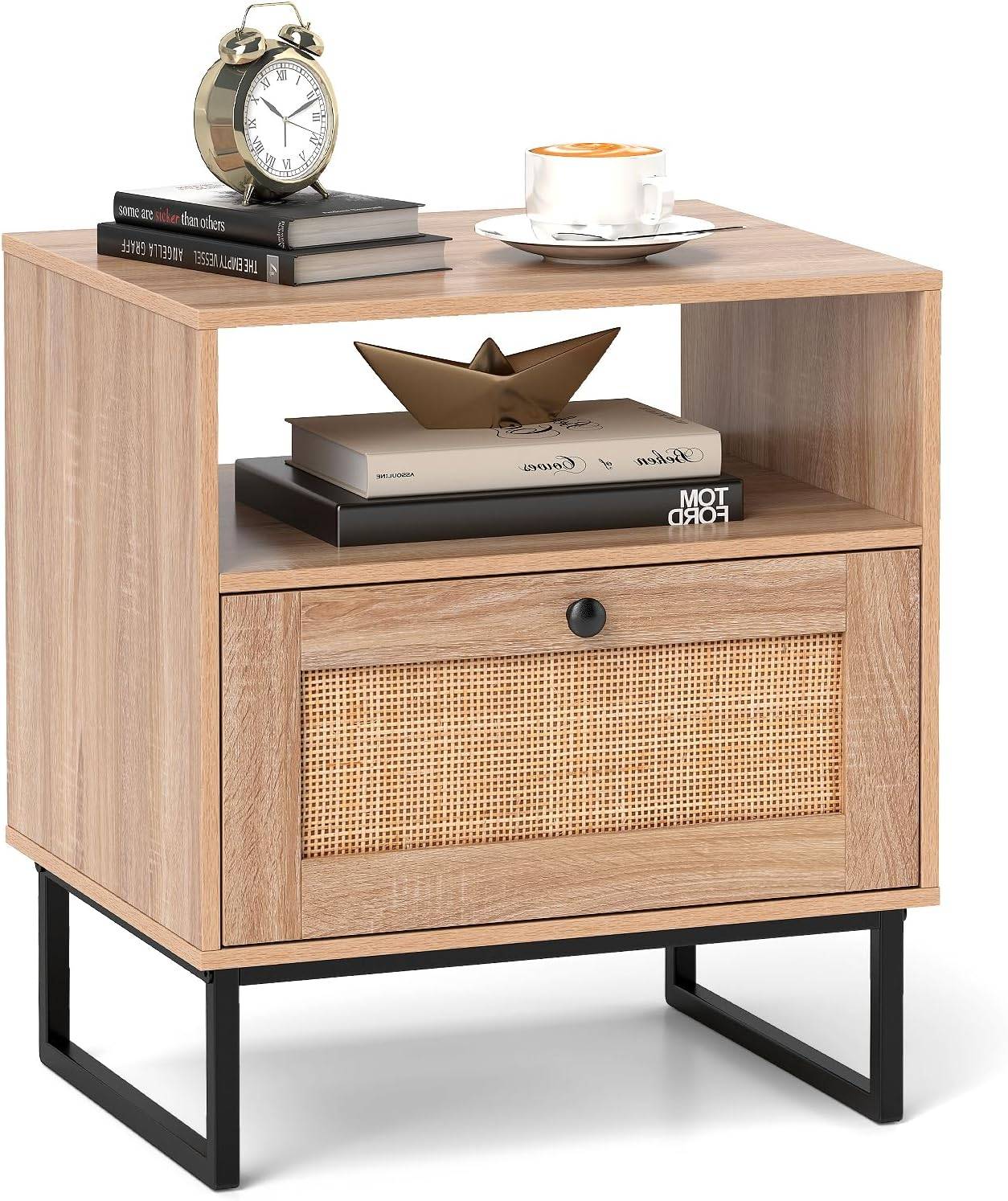 Table de Chevet Bois, Table de Nuit Rotin avec Tiroir, Pieds en Métal, Design Cannage, Compartiment, Style Bohème - Image 1