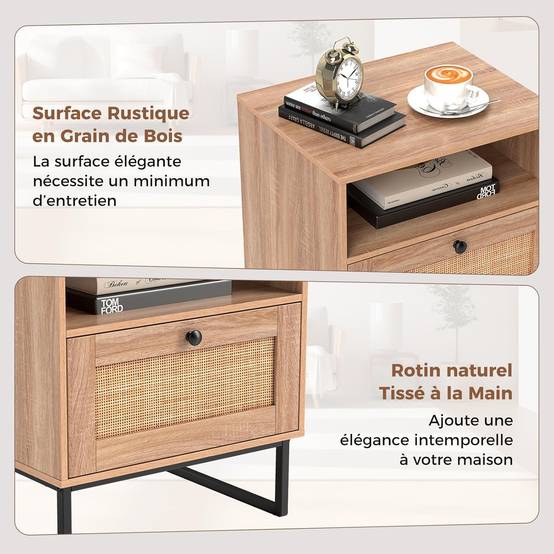 Table de Chevet Bois, Table de Nuit Rotin avec Tiroir, Pieds en Métal, Design Cannage, Compartiment, Style Bohème - Image 6