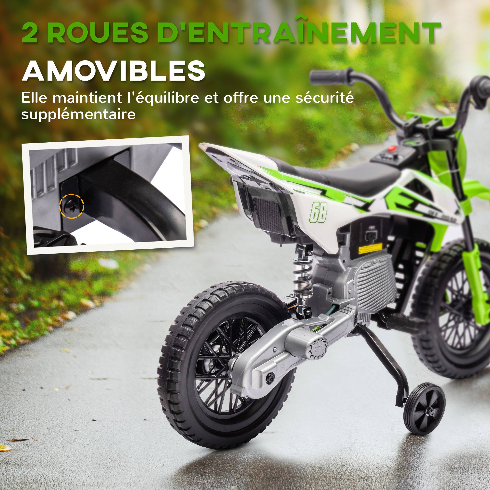 Moto électrique pour enfant moto cross pour enfants de 3 à 6 ans 2 moteurs 12V vitesse max. 5 km/h vert - Image 7