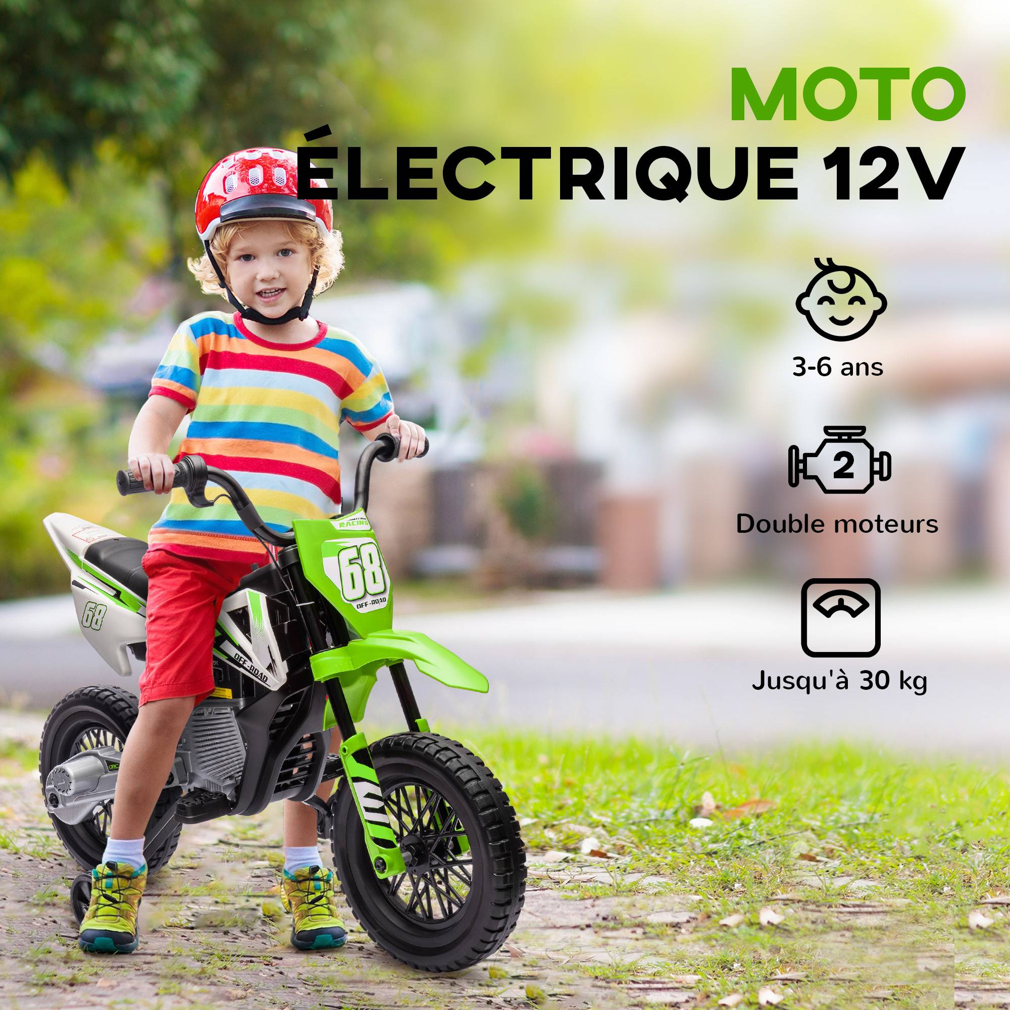 Moto électrique pour enfant moto cross pour enfants de 3 à 6 ans 2 moteurs 12V vitesse max. 5 km/h vert - Image 8
