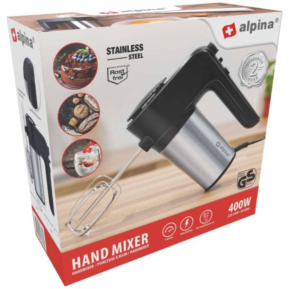 Alpina - Batteur électrique à main 400W 6 Vitesses + 2 Fouets et 2 Crochets à pate ALPINA - Imagen 8