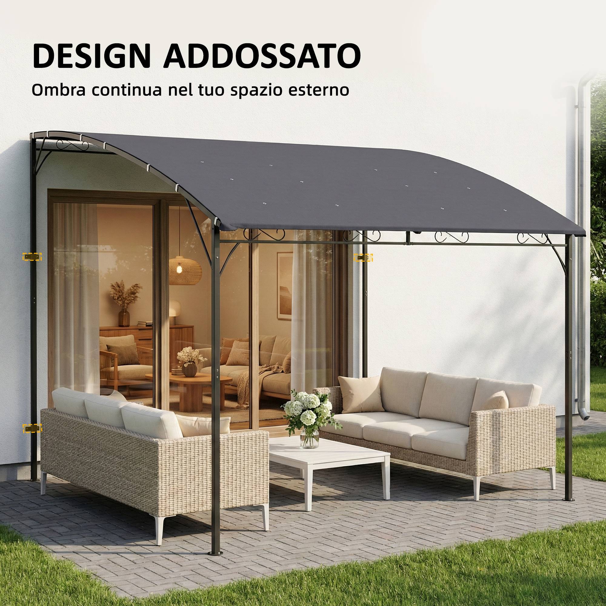 Pergola Adossée Métal Toit Incliné 16 Trous Drainage Imperméable 3.8x2.8m Gris - ComfortXL Outdoor Living - Image 6