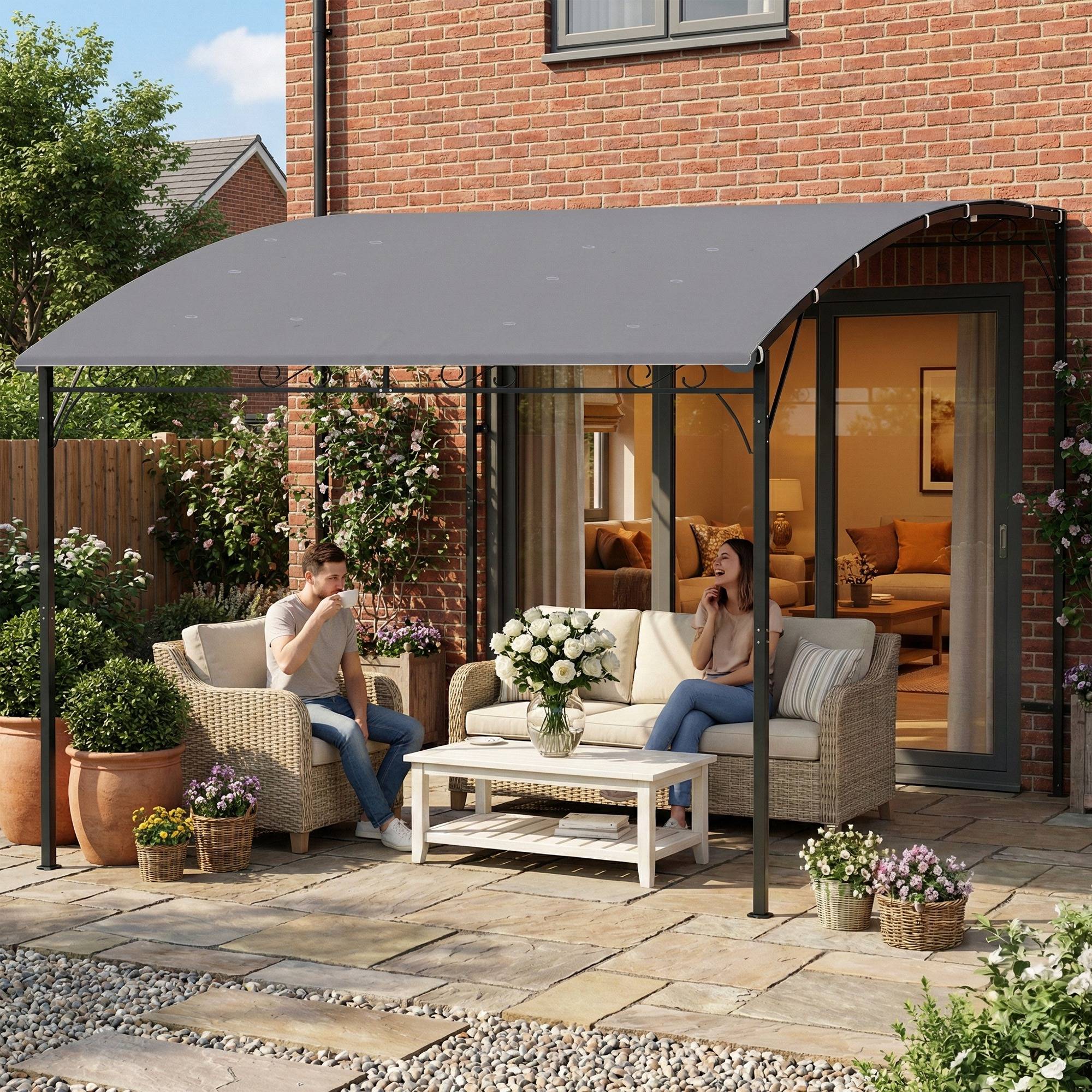 Pergola Adossée Métal Toit Incliné 16 Trous Drainage Imperméable 3.8x2.8m Gris - ComfortXL Outdoor Living - Image 3