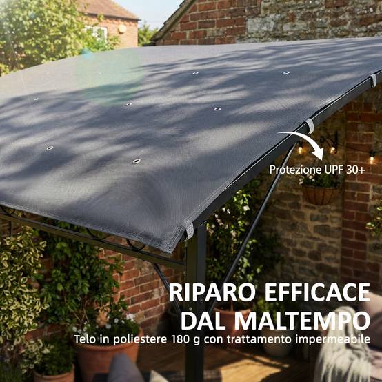 Pergola Adossée Métal Toit Incliné 16 Trous Drainage Imperméable 3.8x2.8m Gris - ComfortXL Outdoor Living - Image 7