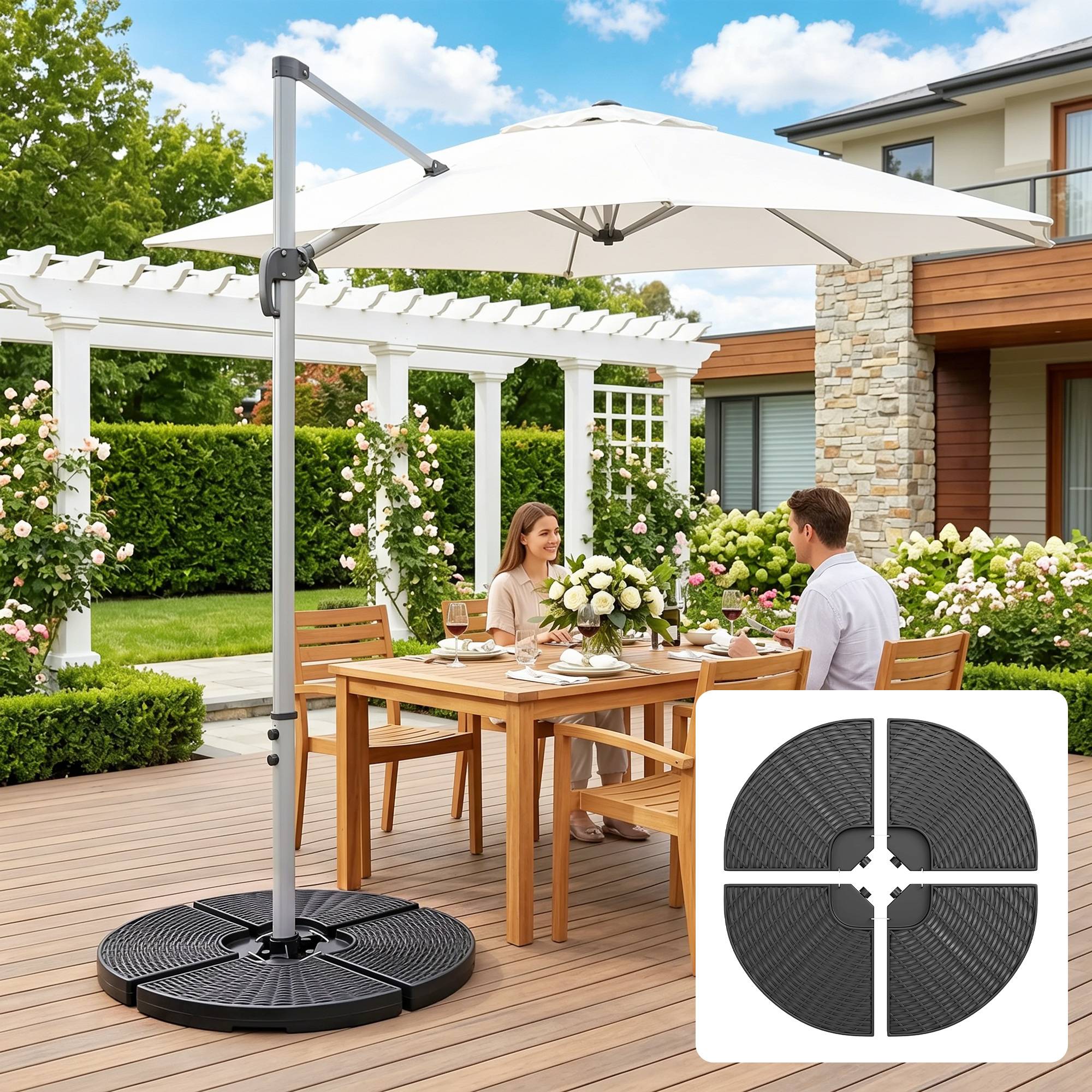 Poids parasol déporté plastique HDPE extérieur remplissage eau sable 100x100cm noir - ComfortXL Outdoor Living - Image 10