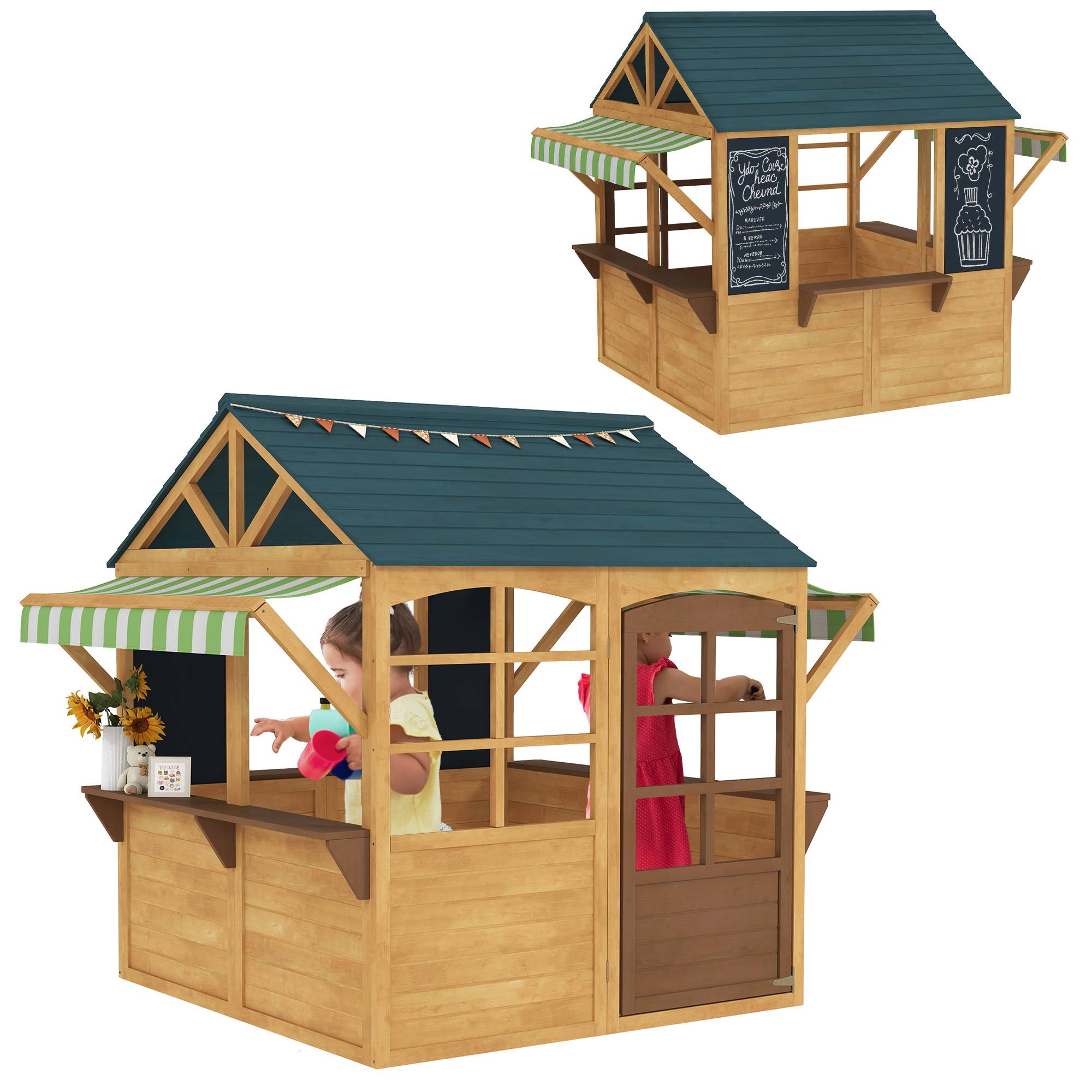 Cabane enfant extérieur pliable avec porte, fenêtres, stations de service, auvents de pluie, tableaux noirs, jaune - Image 1