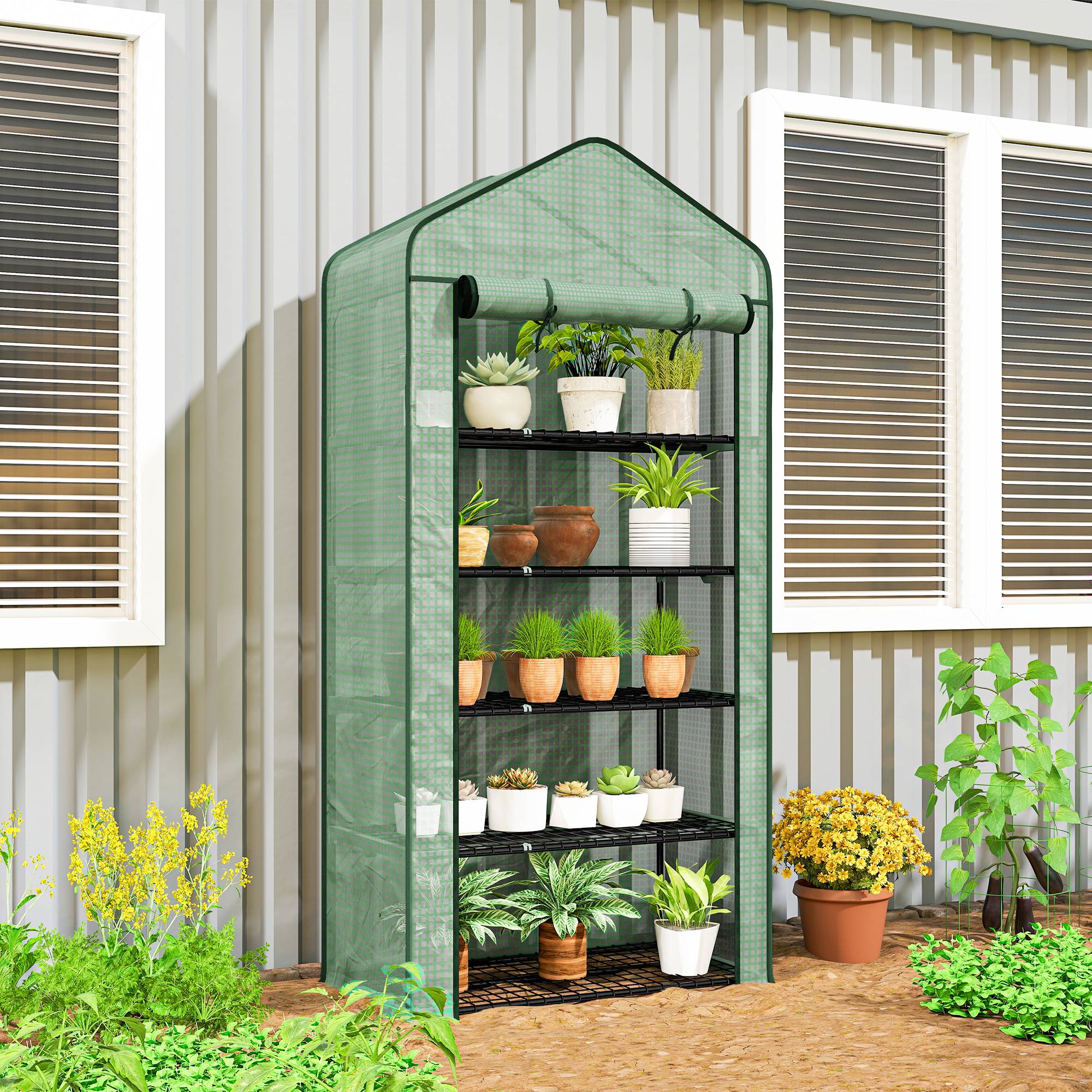 Serre de jardin Serre 5 niveaux avec 1 porte enroulable, Bâche en PE Renforcée Résistante dim. 90L x 49l x 193H cm - Image 3