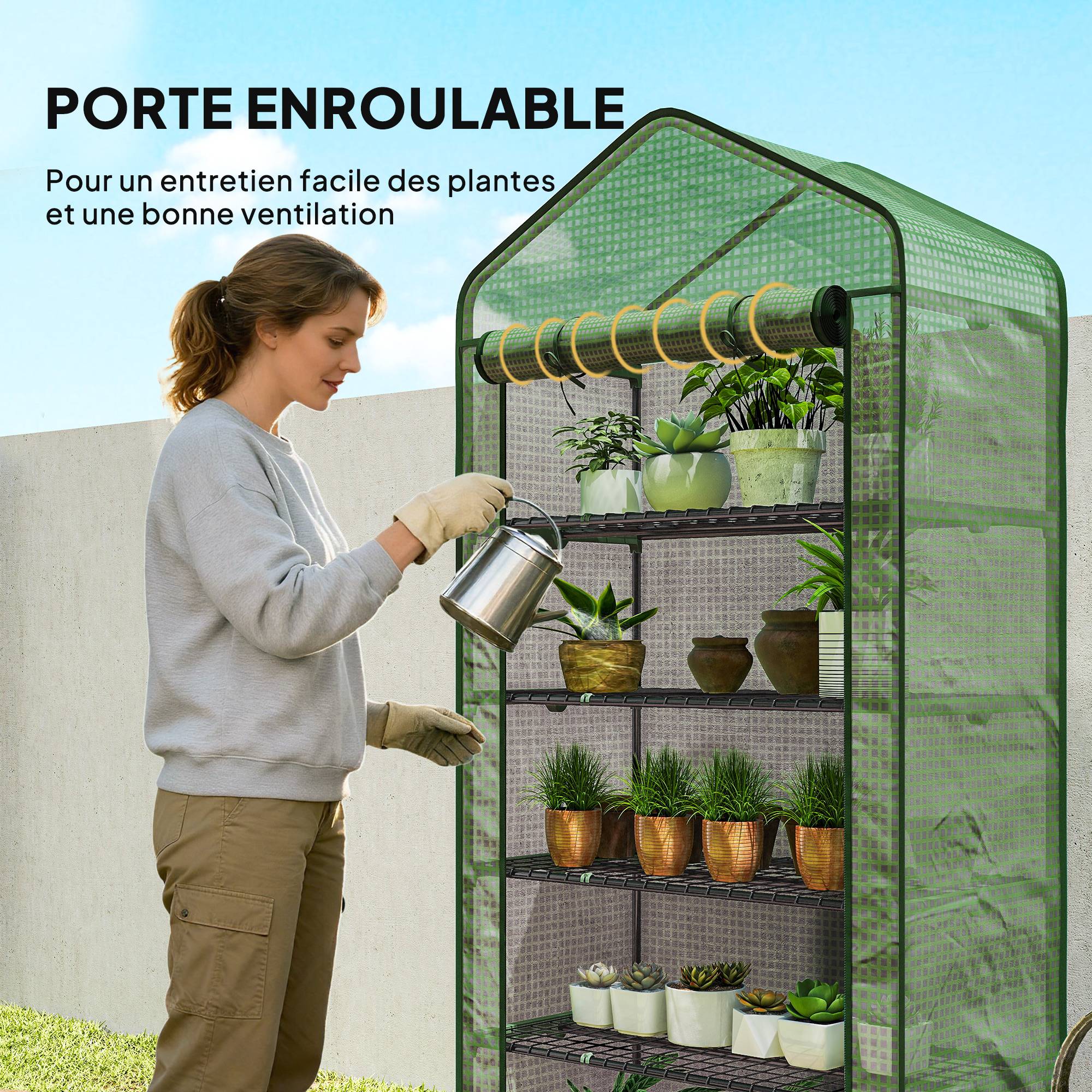 Serre de jardin Serre 5 niveaux avec 1 porte enroulable, Bâche en PE Renforcée Résistante dim. 90L x 49l x 193H cm - Image 9