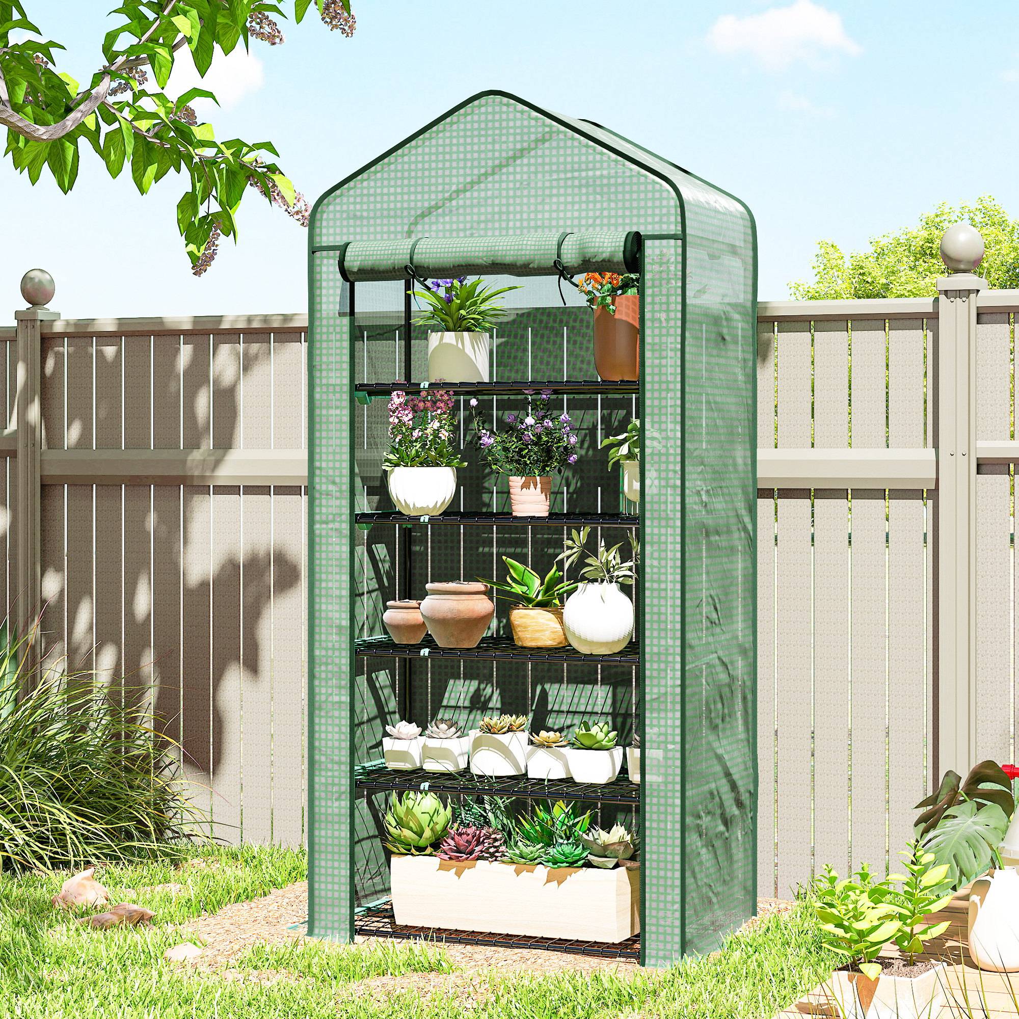 Serre de jardin Serre 5 niveaux avec 1 porte enroulable, Bâche en PE Renforcée Résistante dim. 90L x 49l x 193H cm - Image 4
