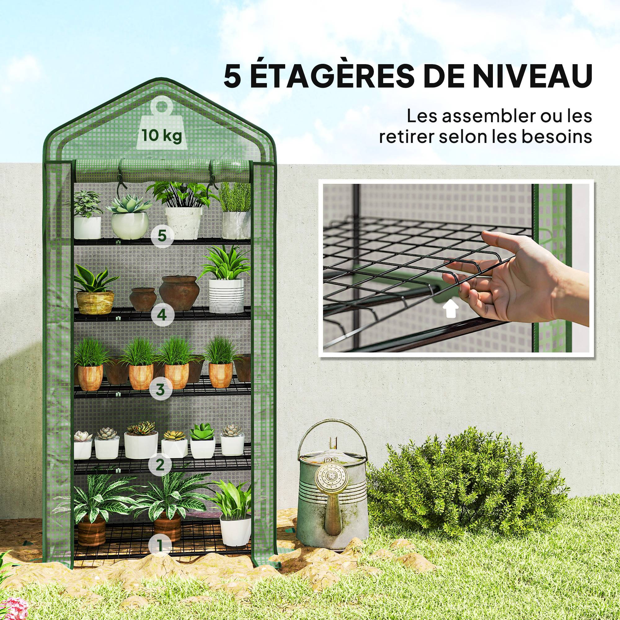 Serre de jardin Serre 5 niveaux avec 1 porte enroulable, Bâche en PE Renforcée Résistante dim. 90L x 49l x 193H cm - Image 7