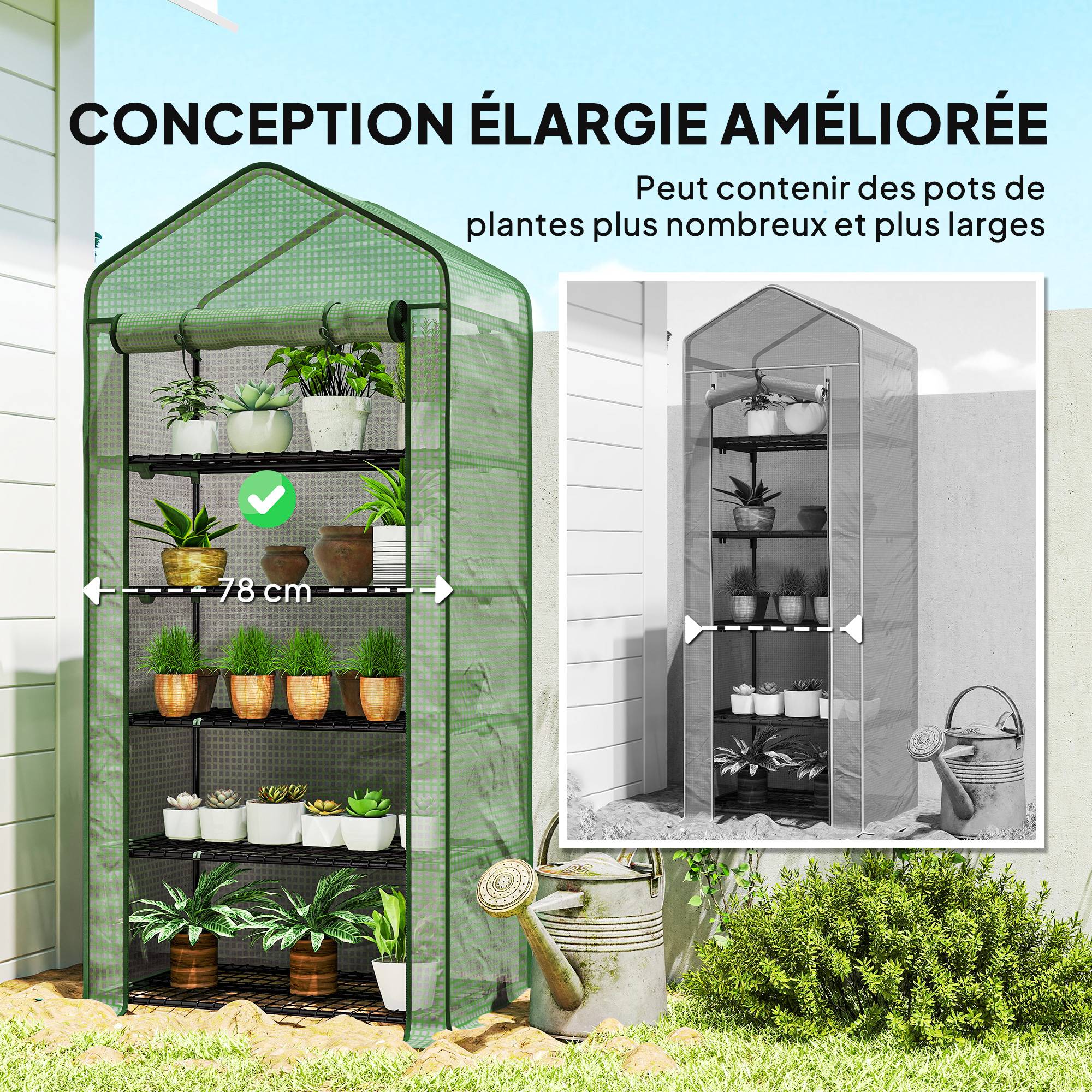 Serre de jardin Serre 5 niveaux avec 1 porte enroulable, Bâche en PE Renforcée Résistante dim. 90L x 49l x 193H cm - Image 6