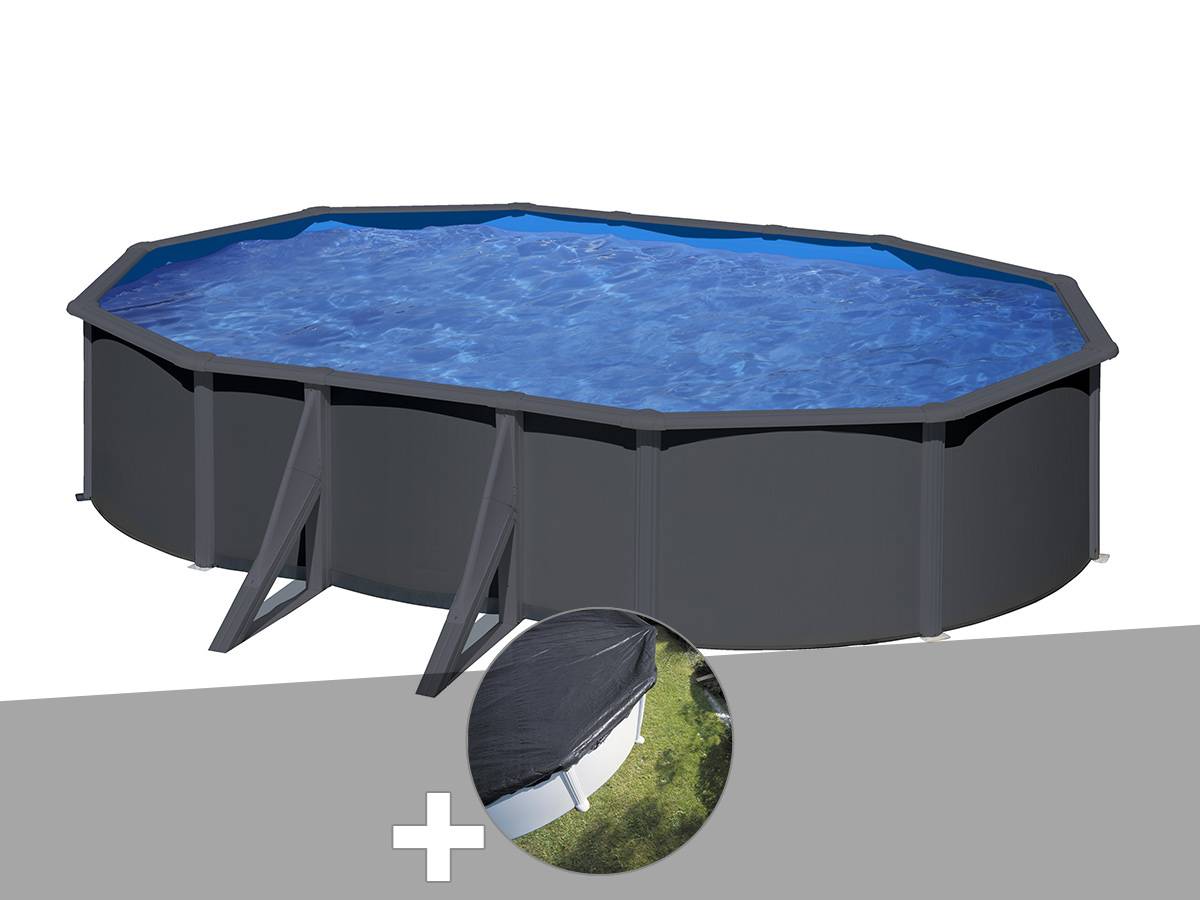 Gré - Kit piscine acier gris anthracite Gré Louko ovale 5,27 x 3,27 x 1,22 m + Bâche d'hivernage
