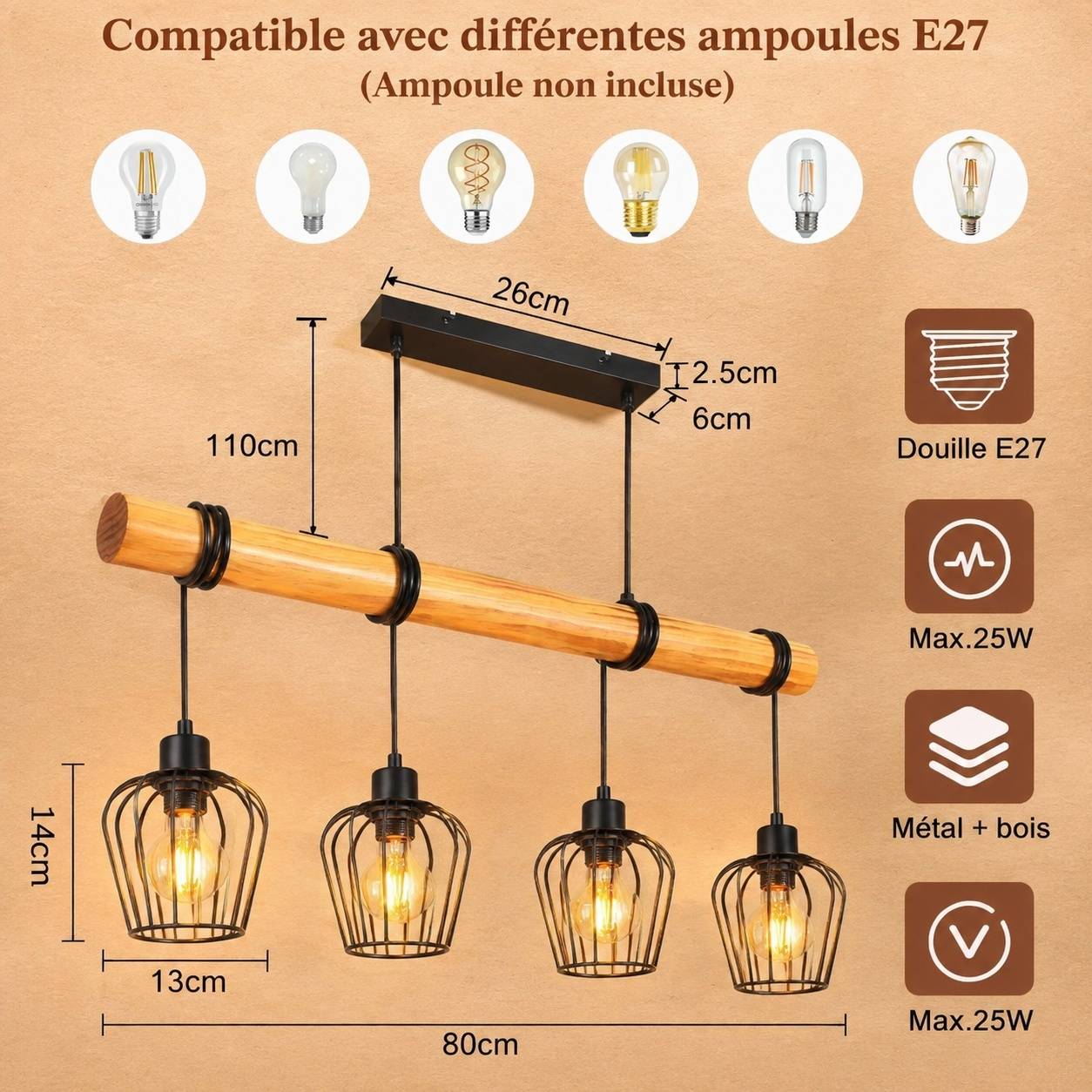 Suspension Vintage Bois Massif Abat Jour en Acier pour Salon - Image 5