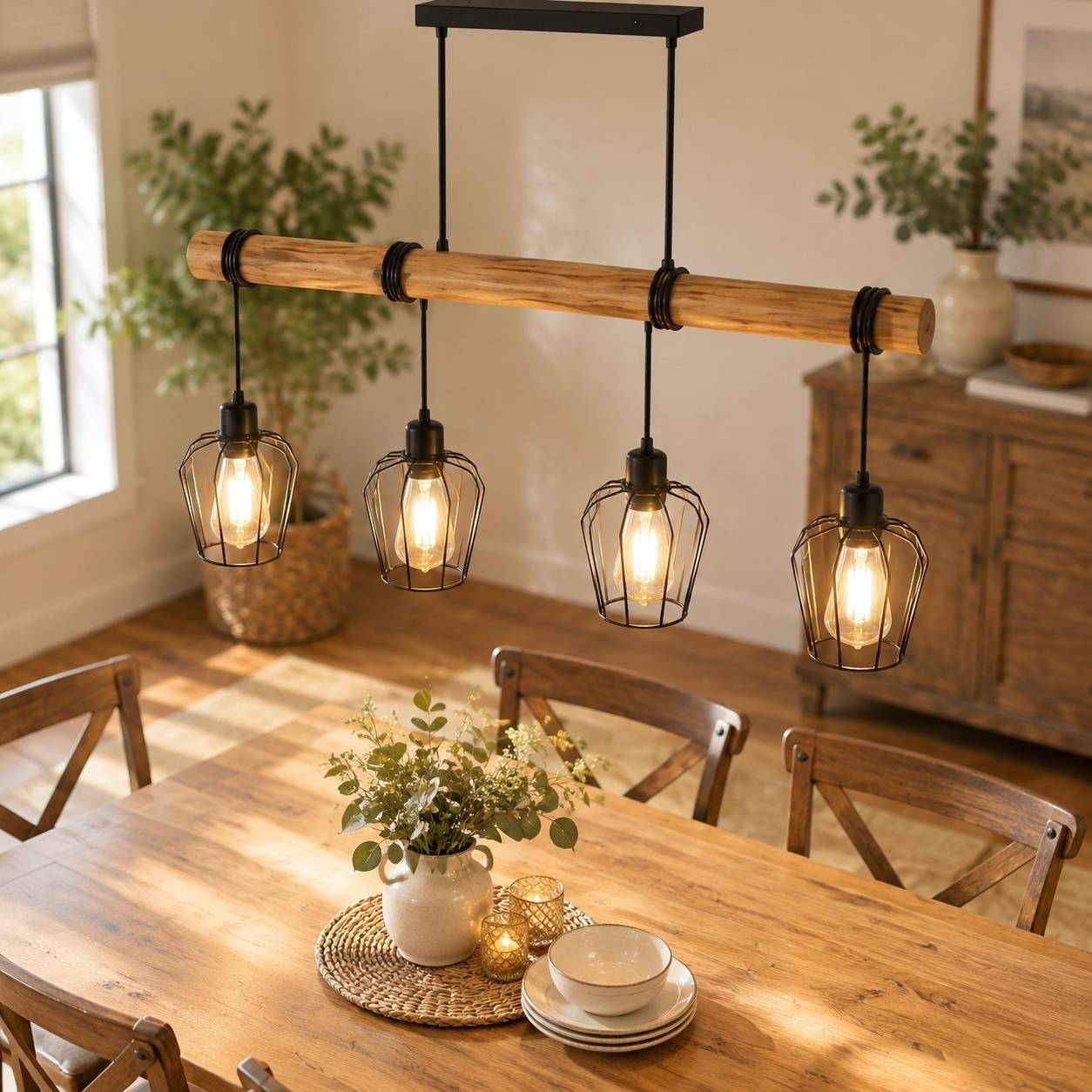 Suspension Vintage Bois Massif Abat Jour en Acier pour Salon - Image 8
