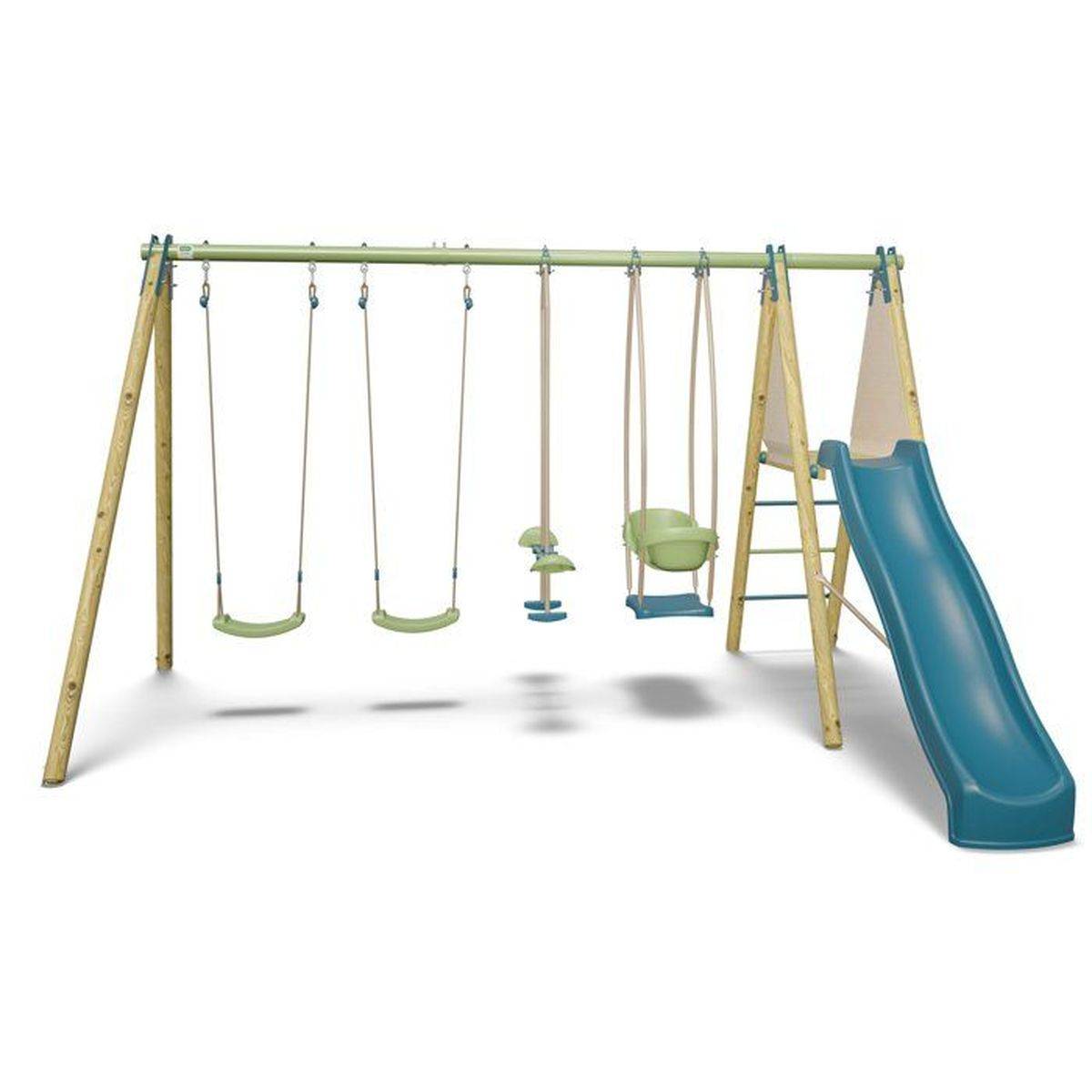 Trigano - Portique bois métal Kahuna 2 avec toboggan 2,22 m, 2 balançoires, plateforme 1,20 m - ALEO BY TRIGANO - Image 1