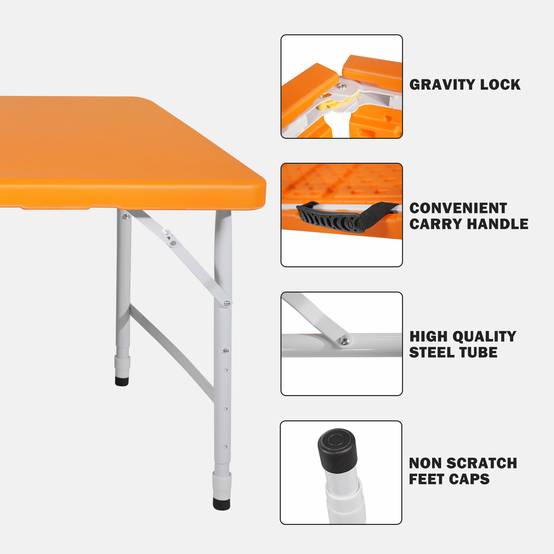 Table pliante robuste 125cm, portable avec poignée, hauteur réglable, camping extérieur, charge 135kg (orange) - Image 2
