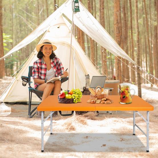 Table pliante robuste 125cm, portable avec poignée, hauteur réglable, camping extérieur, charge 135kg (orange) - Image 7
