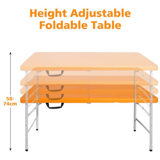 Table pliante robuste 125cm, portable avec poignée, hauteur réglable, camping extérieur, charge 135kg (orange) - Image 5