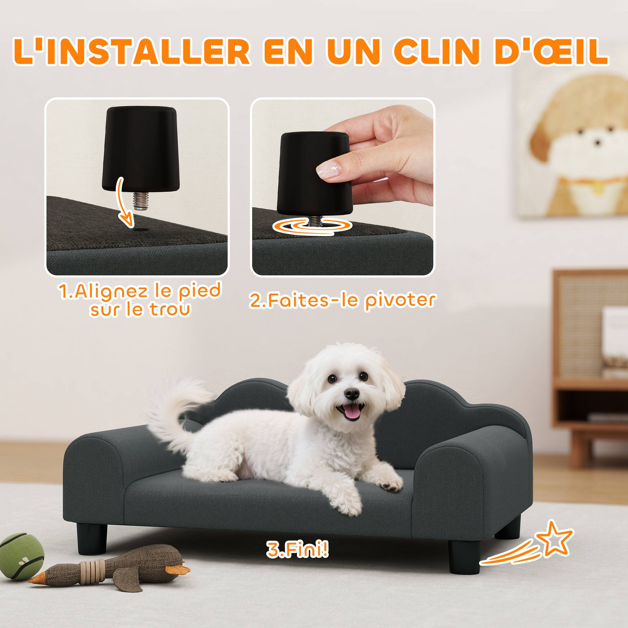 Canapé pour chien, canapé pour animal de compagnie avec dossier et accoudoirs, respirant, 66 x 42 x 28,5 cm, gris foncé - Image 9
