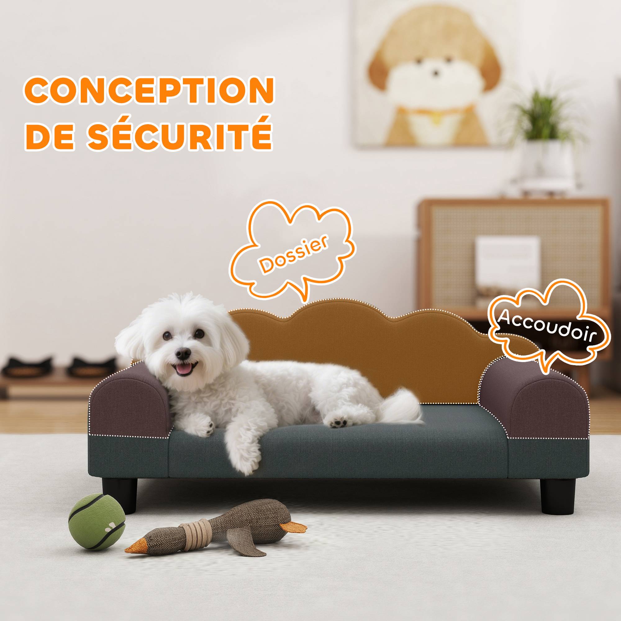 Canapé pour chien, canapé pour animal de compagnie avec dossier et accoudoirs, respirant, 66 x 42 x 28,5 cm, gris foncé - Image 7