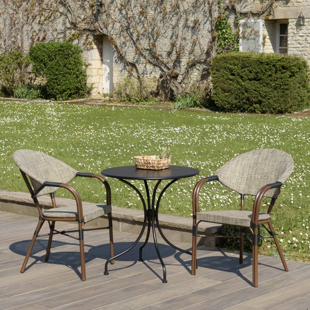 Macabane - VIANNEY - Ensemble de jardin 2 pers. table diam 70cm, chaises grises - Imagen 2
