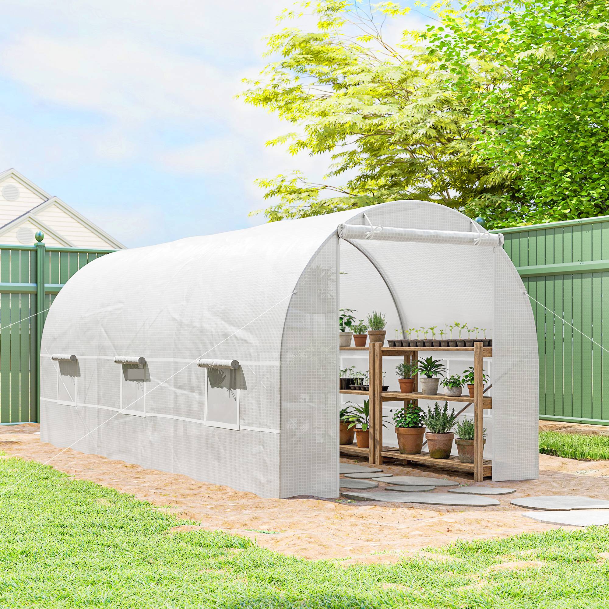 Grande Serre Tunnel 9m² Acier Galvanisé et Bâche PE avec 6 Fenêtres pour Potager 4,45x2x2 m Blanc - ComfortXL Outdoor Living - Image 4