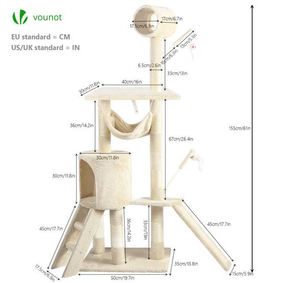 Vounot - Arbre à chat 154cm avec griffoir, niche et plateforme - Beige - Arbre à grimper pour chats - VOUNOT® - Image 4
