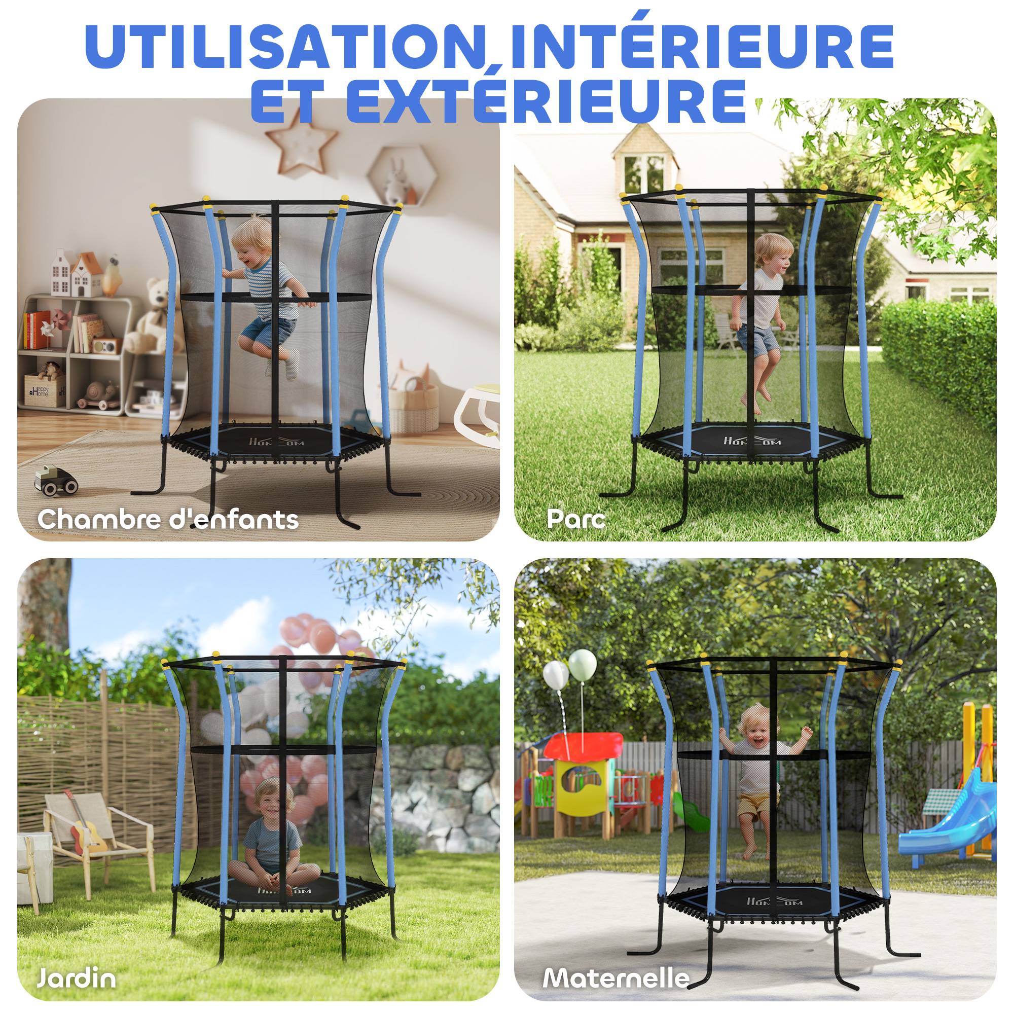 Trampoline pour enfant Ø 1,63 x 1,9 m filet de sécurité porte zippée 6 poteaux rembourrés inclus bleu noir - Image 9