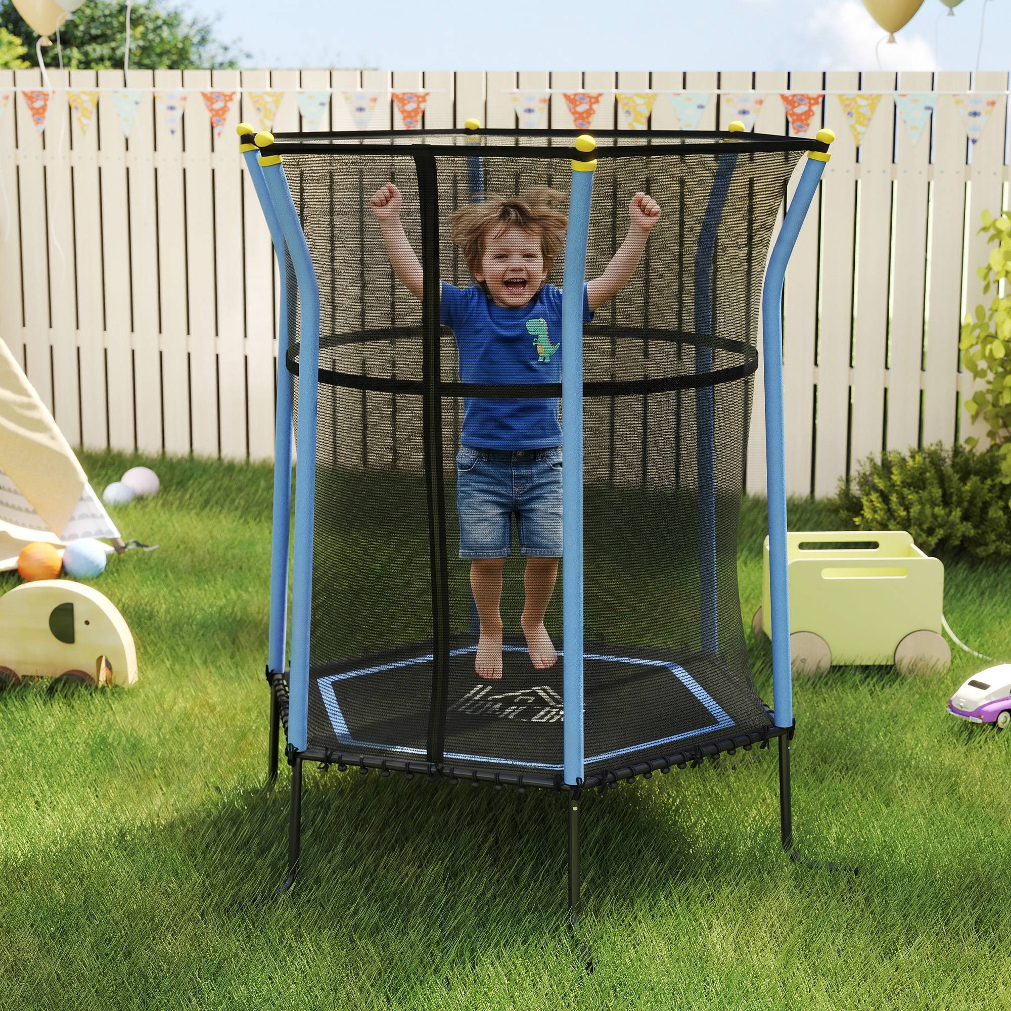 Trampoline pour enfant Ø 1,63 x 1,9 m filet de sécurité porte zippée 6 poteaux rembourrés inclus bleu noir - Image 3