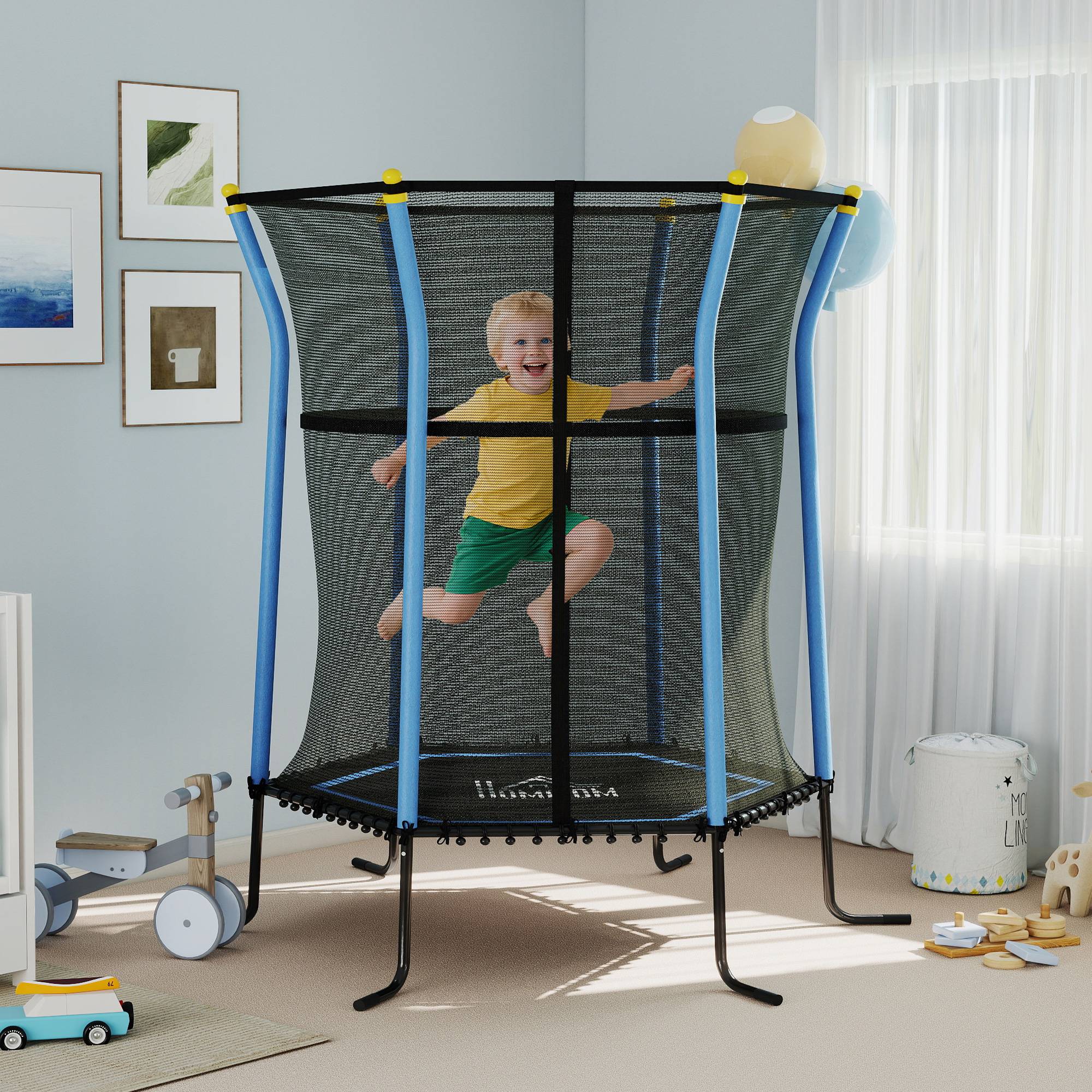 Trampoline pour enfant Ø 1,63 x 1,9 m filet de sécurité porte zippée 6 poteaux rembourrés inclus bleu noir - Image 4