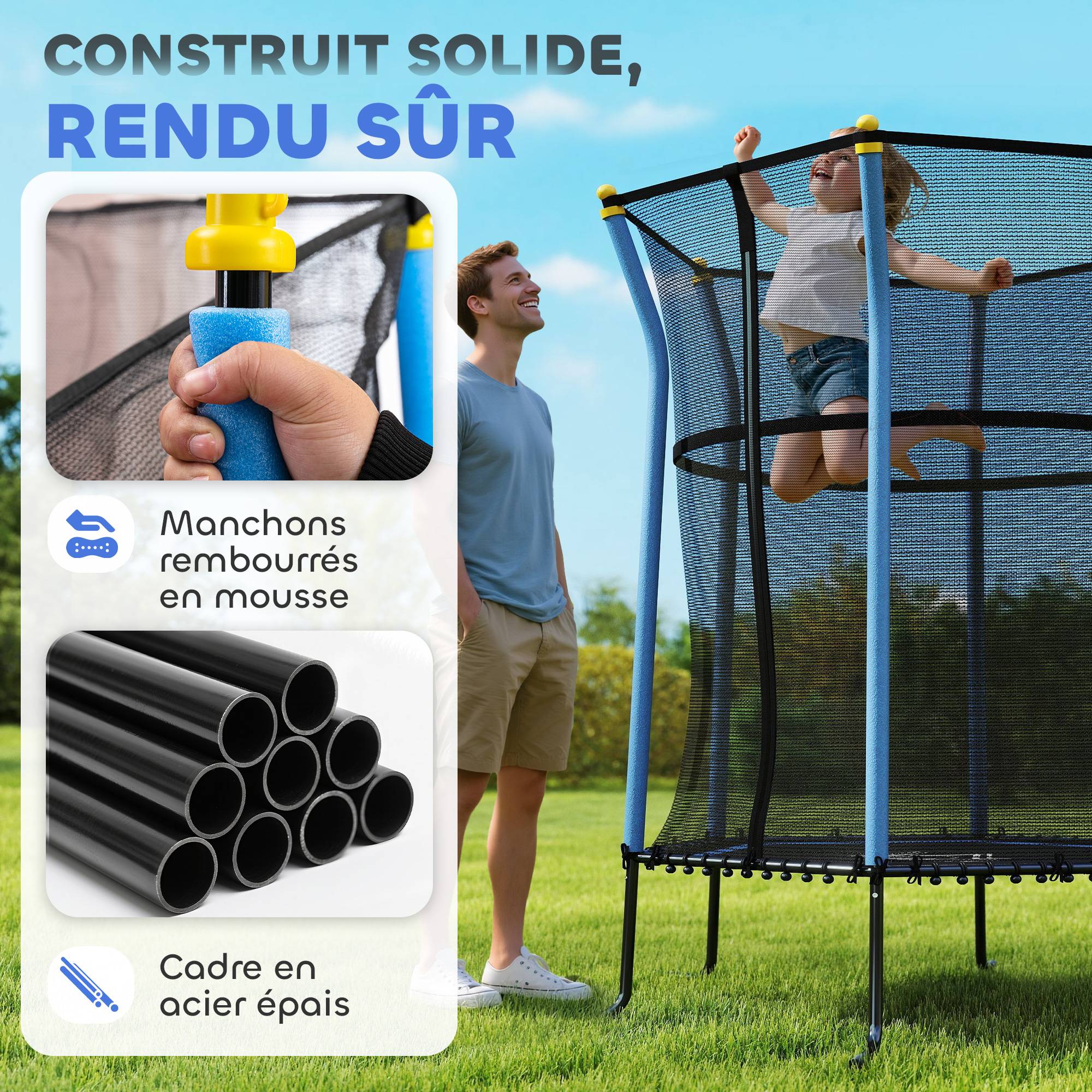 Trampoline pour enfant Ø 1,63 x 1,9 m filet de sécurité porte zippée 6 poteaux rembourrés inclus bleu noir - Image 6
