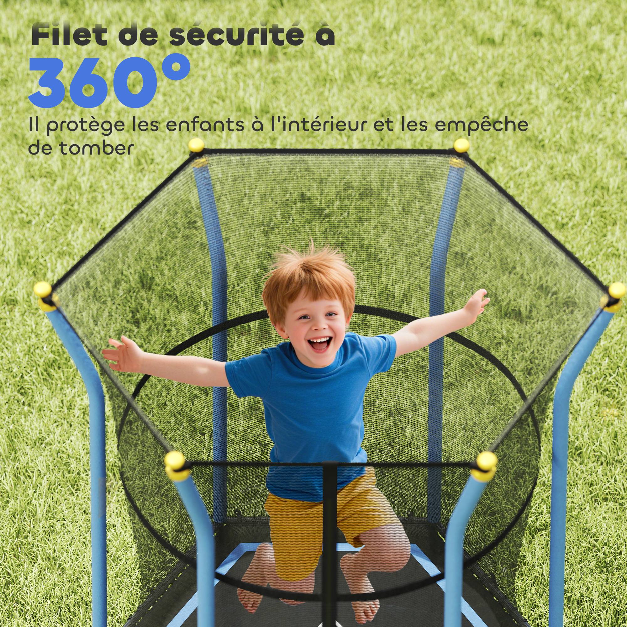 Trampoline pour enfant Ø 1,63 x 1,9 m filet de sécurité porte zippée 6 poteaux rembourrés inclus bleu noir - Image 8