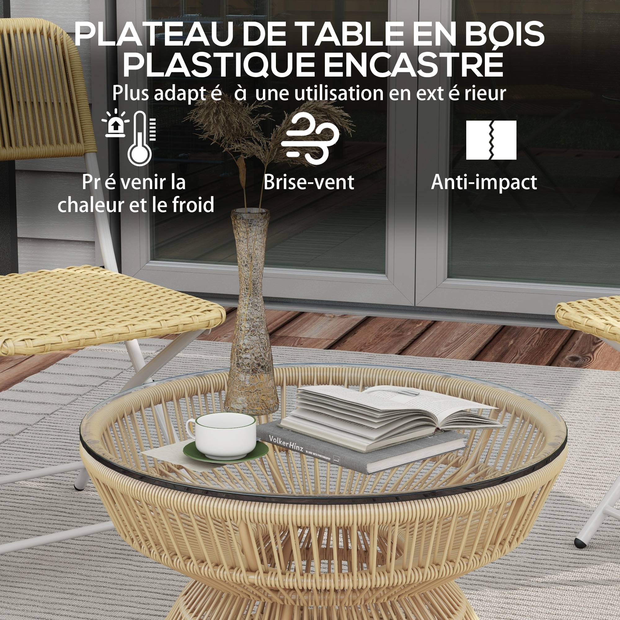Table basse de jardin ronde résine aspect rotin balcon plateau verre naturel - ComfortXL Outdoor Living - Image 7