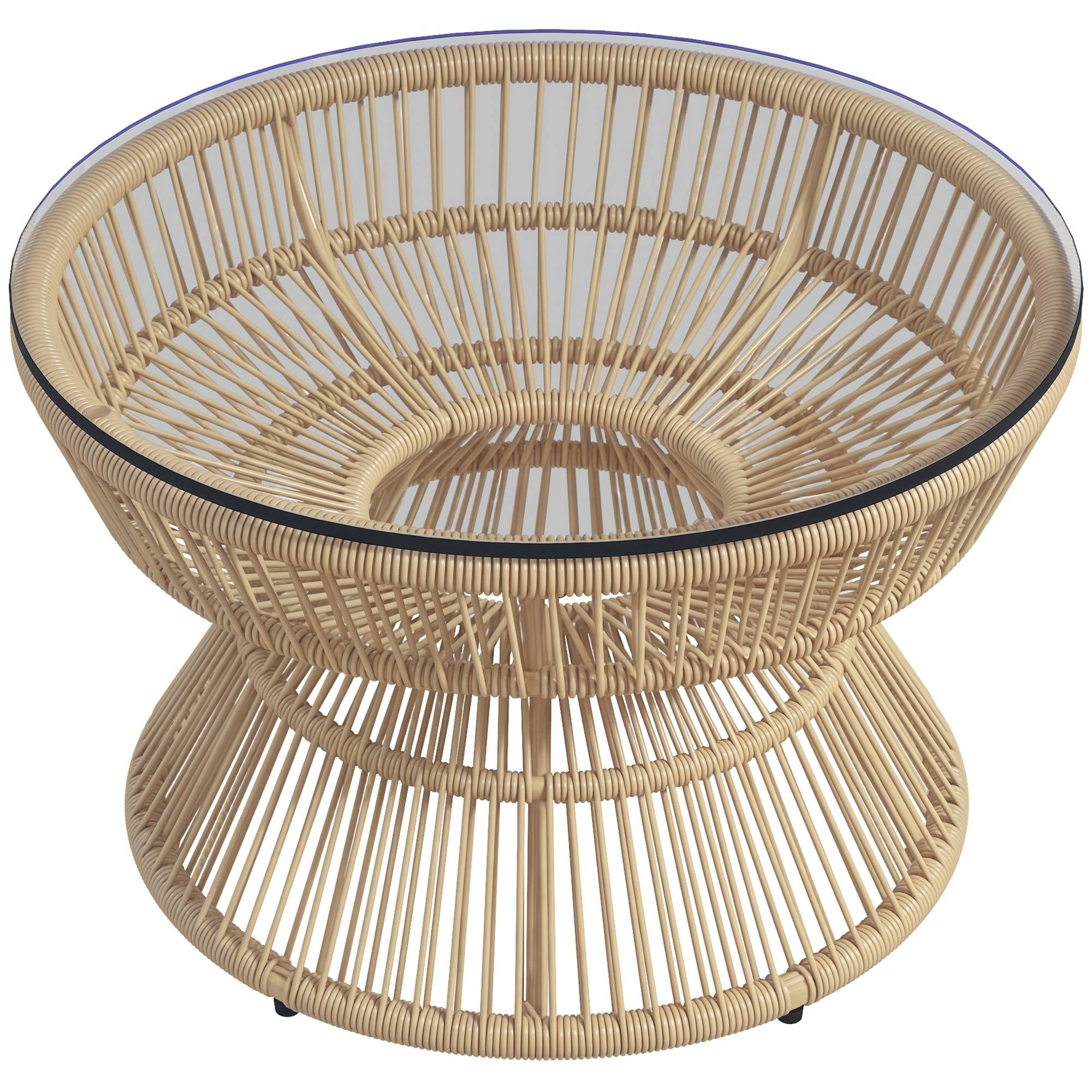 Table basse de jardin ronde résine aspect rotin balcon plateau verre naturel - ComfortXL Outdoor Living - Image 1