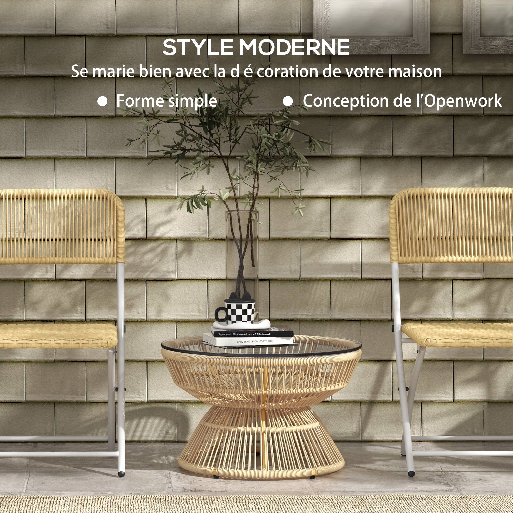 Table basse de jardin ronde résine aspect rotin balcon plateau verre naturel - ComfortXL Outdoor Living - Image 6