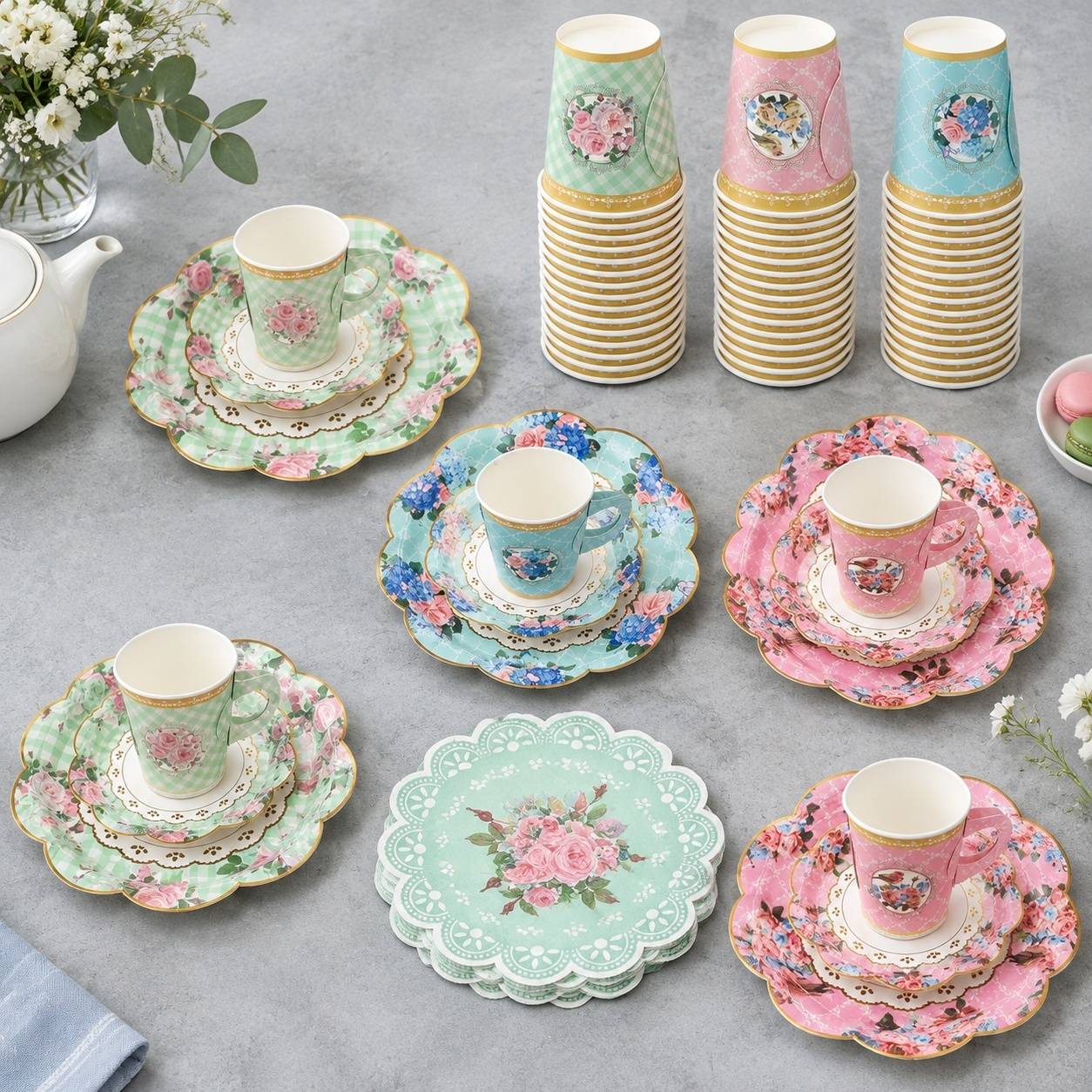 Service à Thé Jetable Papier 204 Pièces Assiettes Tasses avec Anses Fête - Image 6