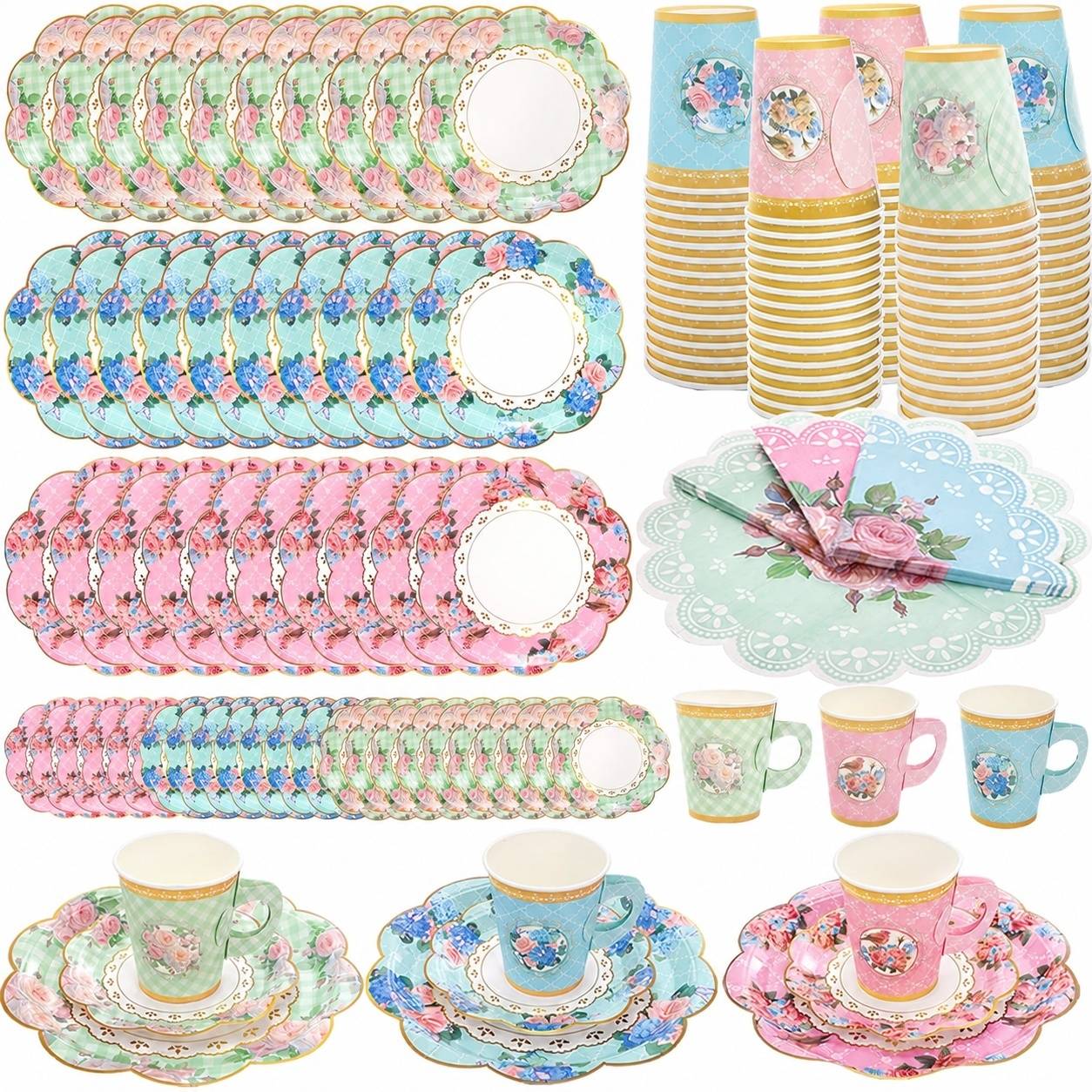 Service à Thé Jetable Papier 204 Pièces Assiettes Tasses avec Anses Fête - Image 1