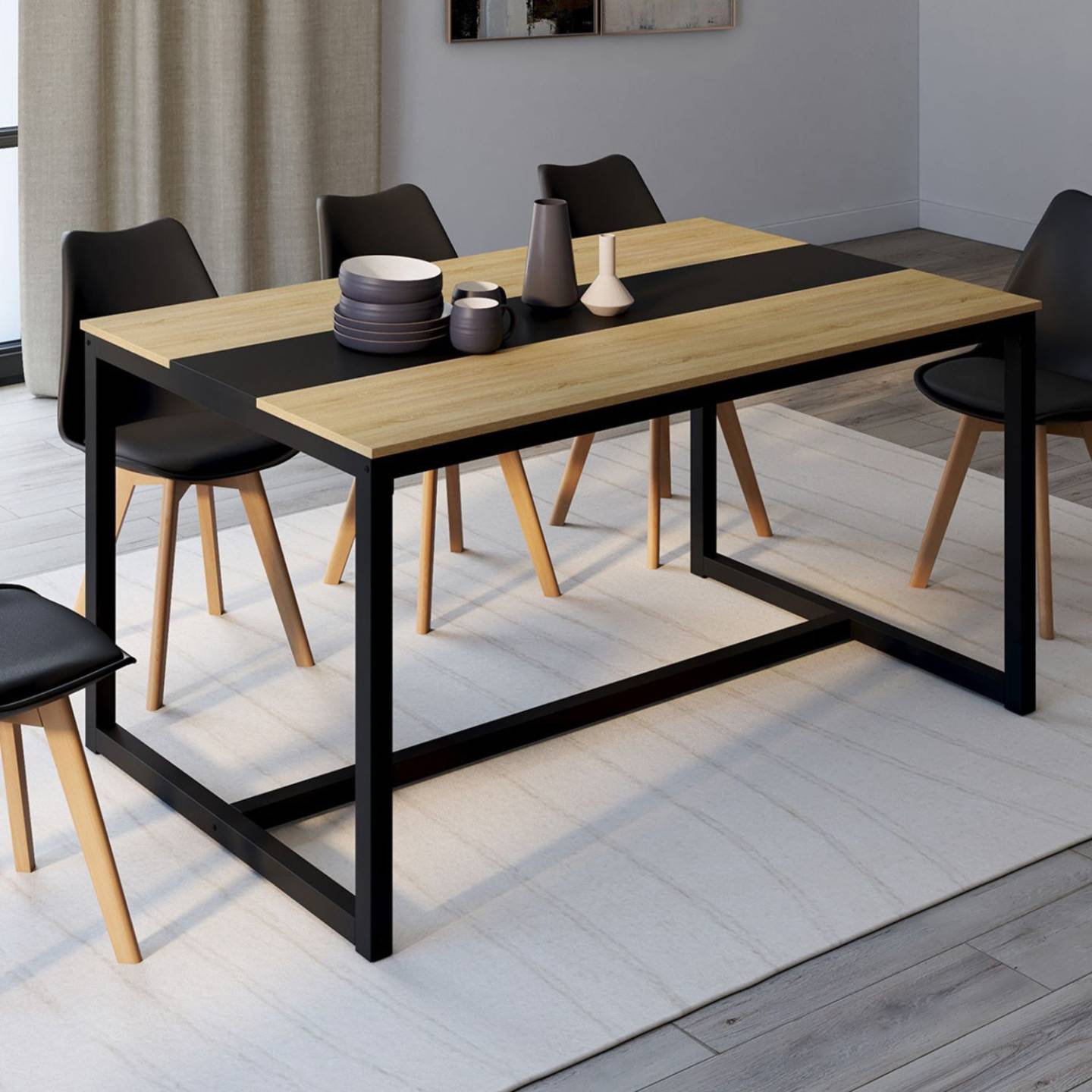 Table à manger rectangle DOVER 8 personnes bande centrale noire design industriel 150 cm - Image 1